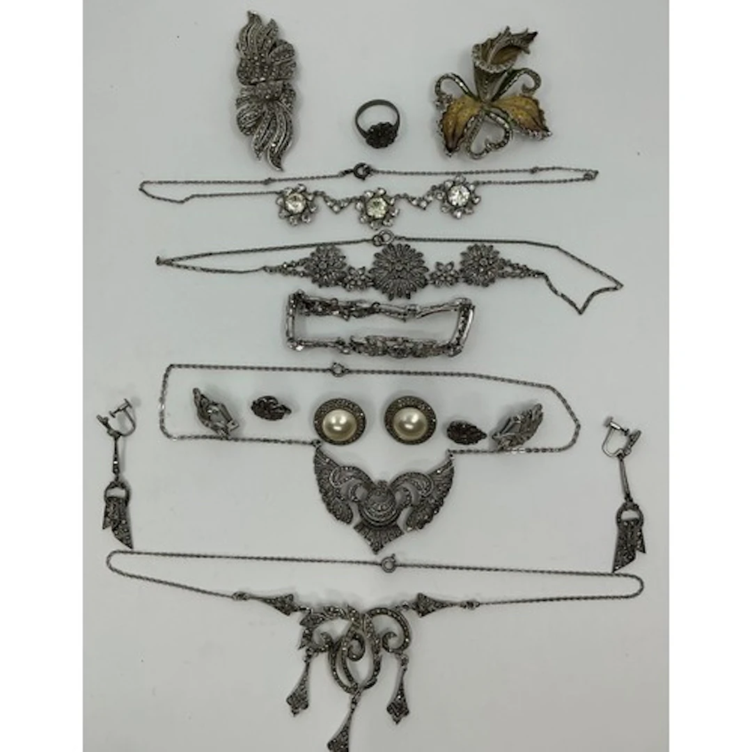 Jewellery - an Art Deco style marcasite wing pendant necklac...