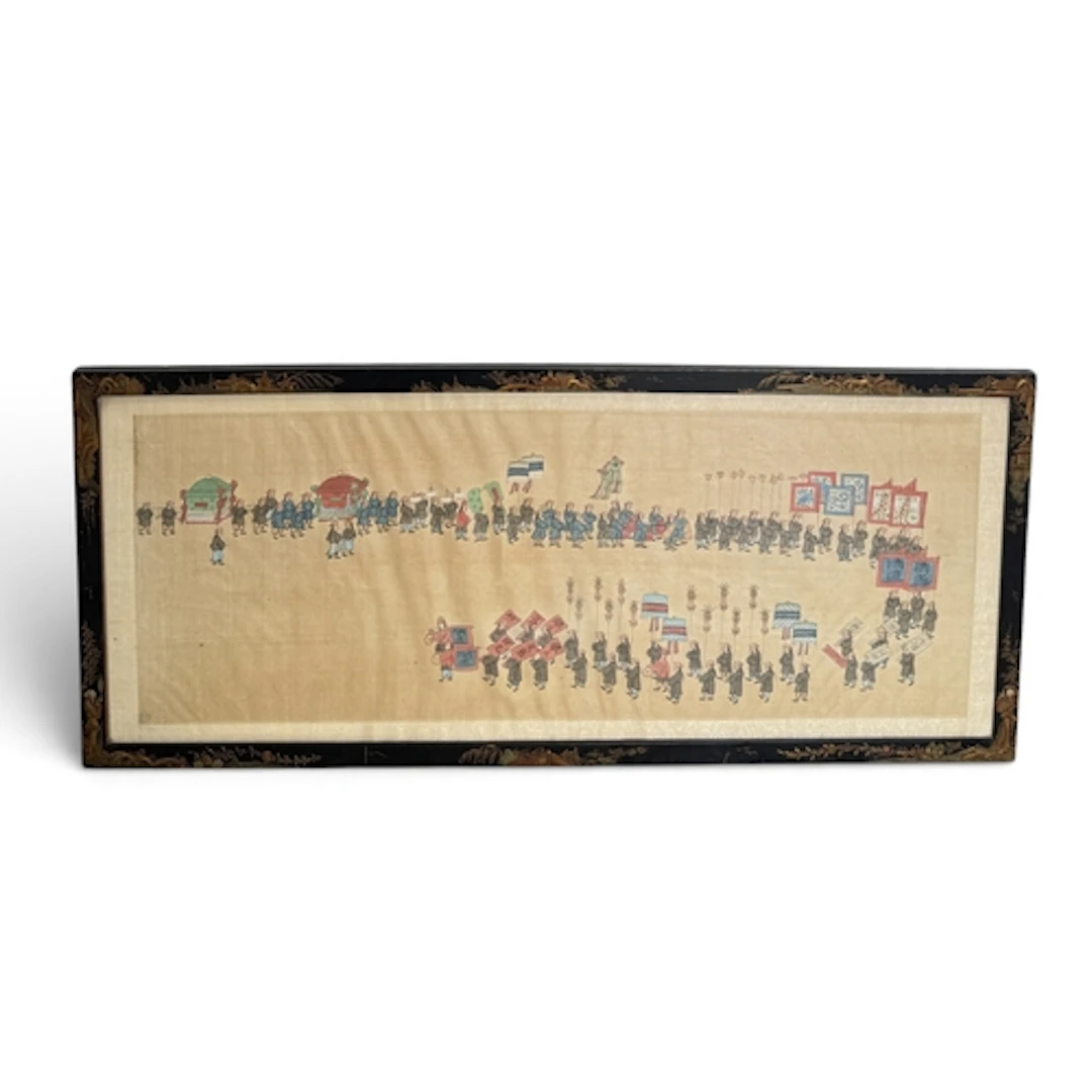 A CHINESE WATERCOLOUR ON SILK OF A CEREMONIAL PROCESSION, LA...