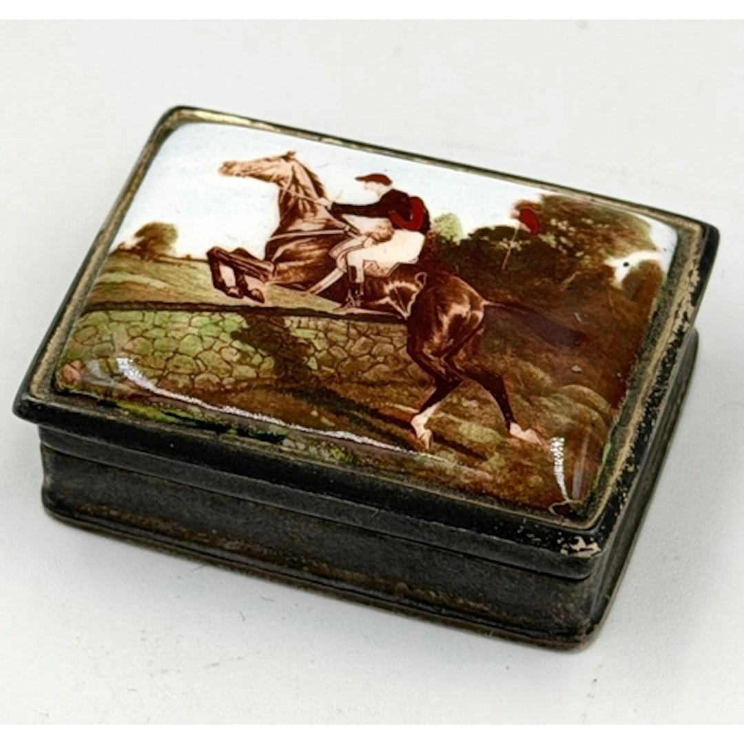 Horse Racing Interest silver pill box with enamel horse raci...