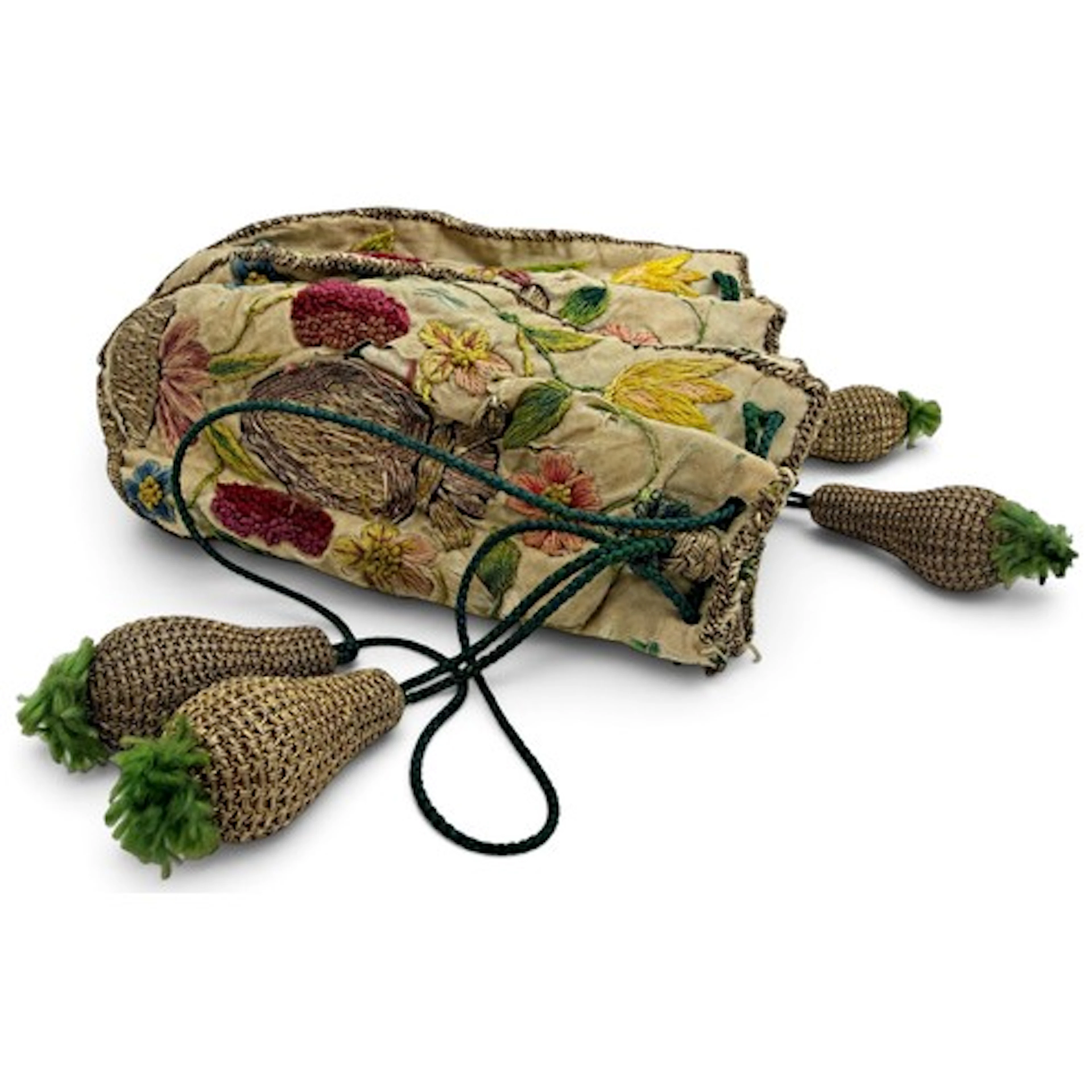 A fine European silk and metal-thread embroidered drawstring...
