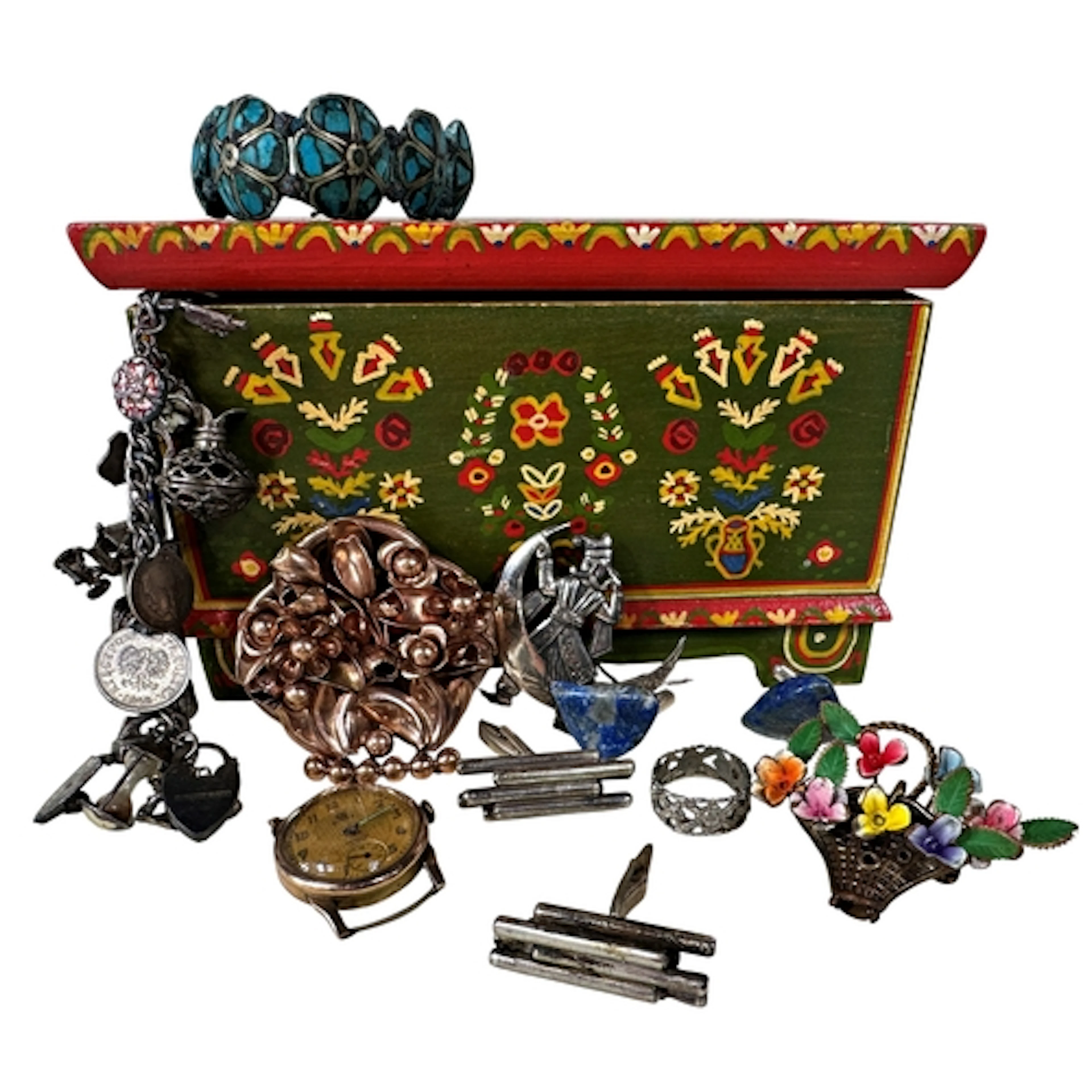A small painted pine casket containing a mixed collection of...