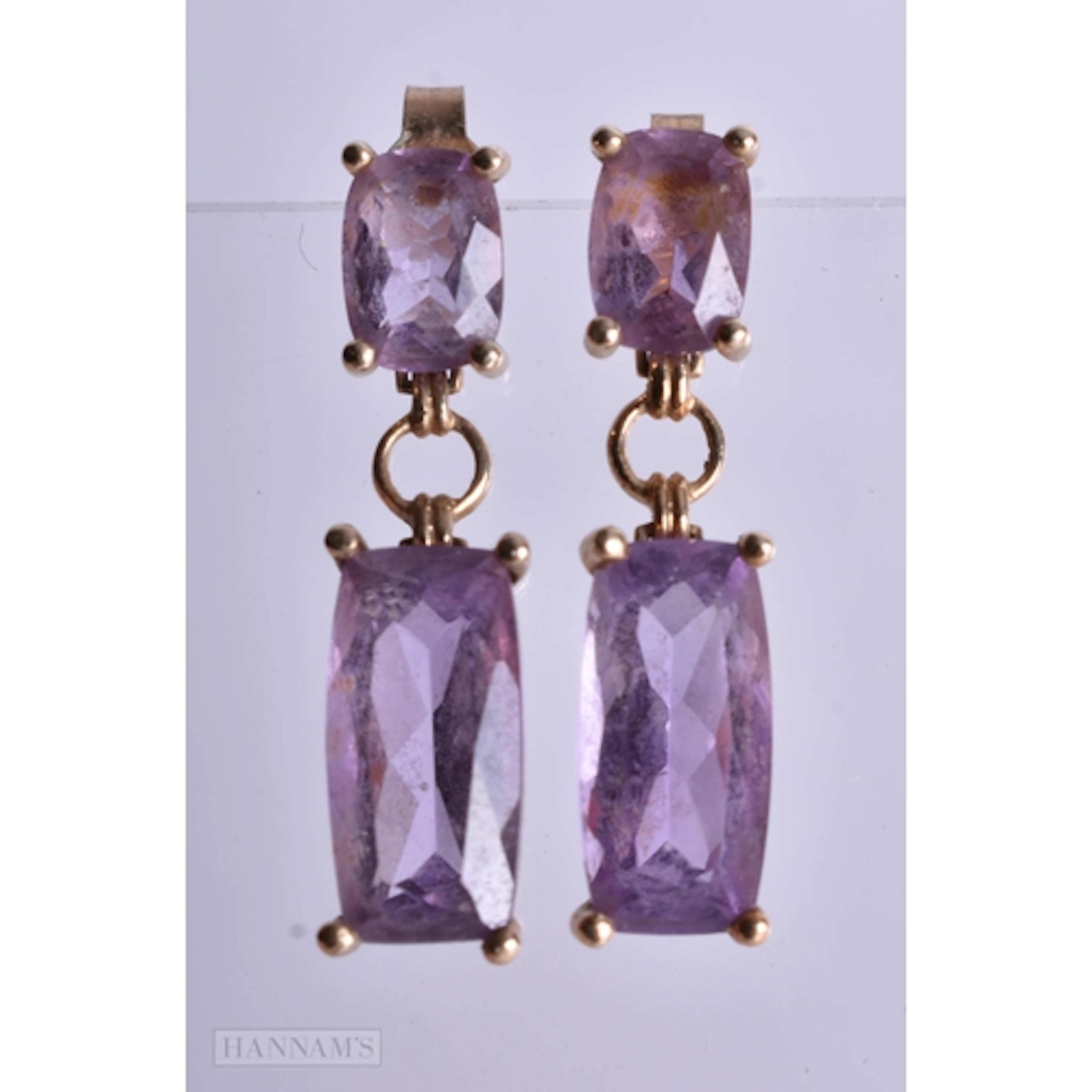9ct amethyst earrings (2.8g). 2.75 cm x 0.5 cm.