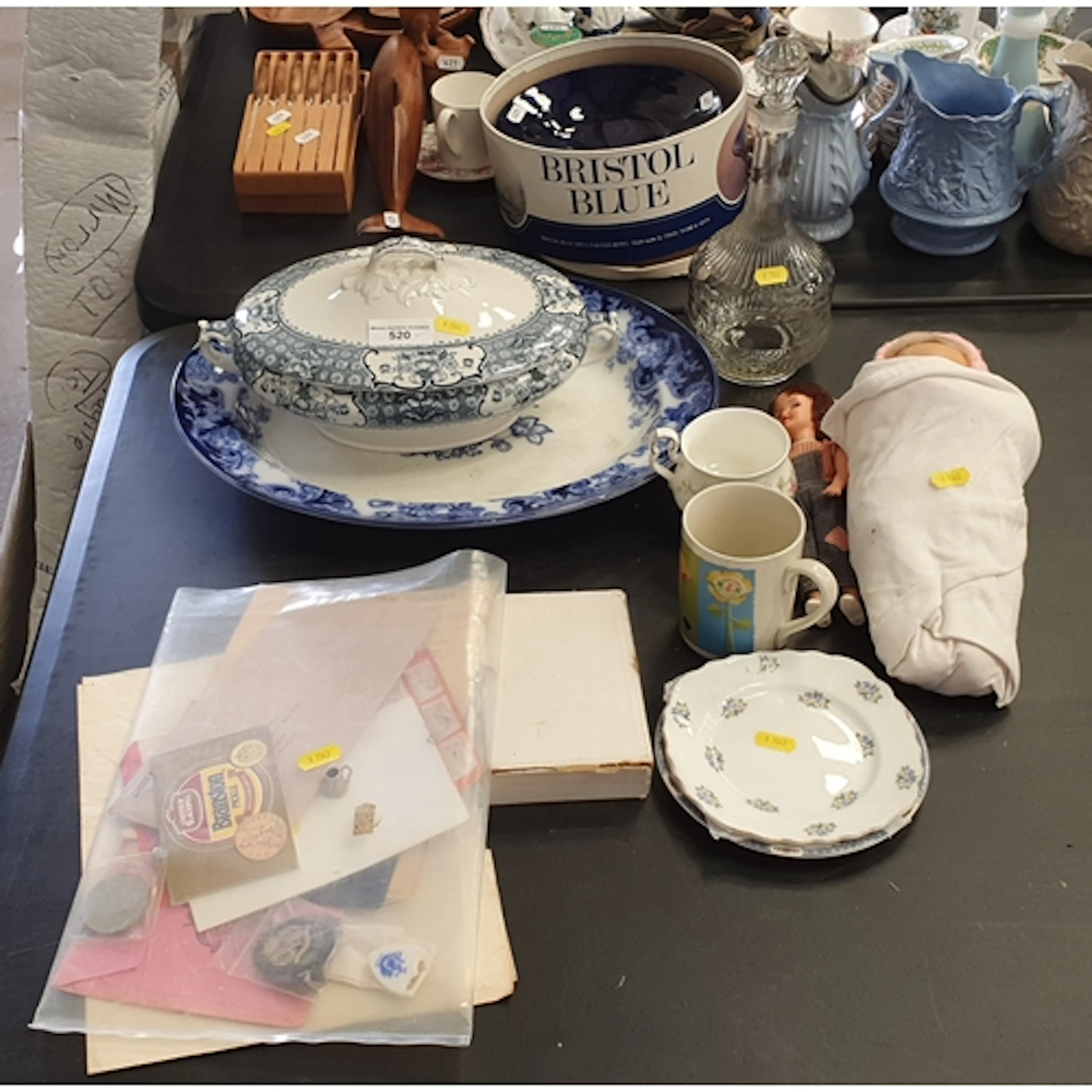 An oval Tureen and Cover, an oval blue and white Meat Plate,...