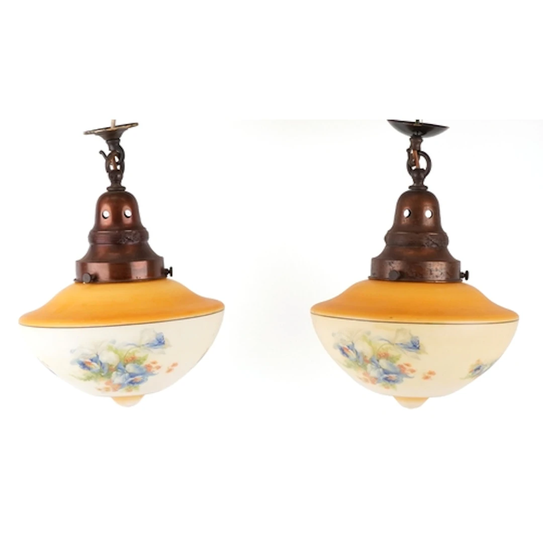 Pair of Art Deco peach glass ceiling lights, decorated with ...
