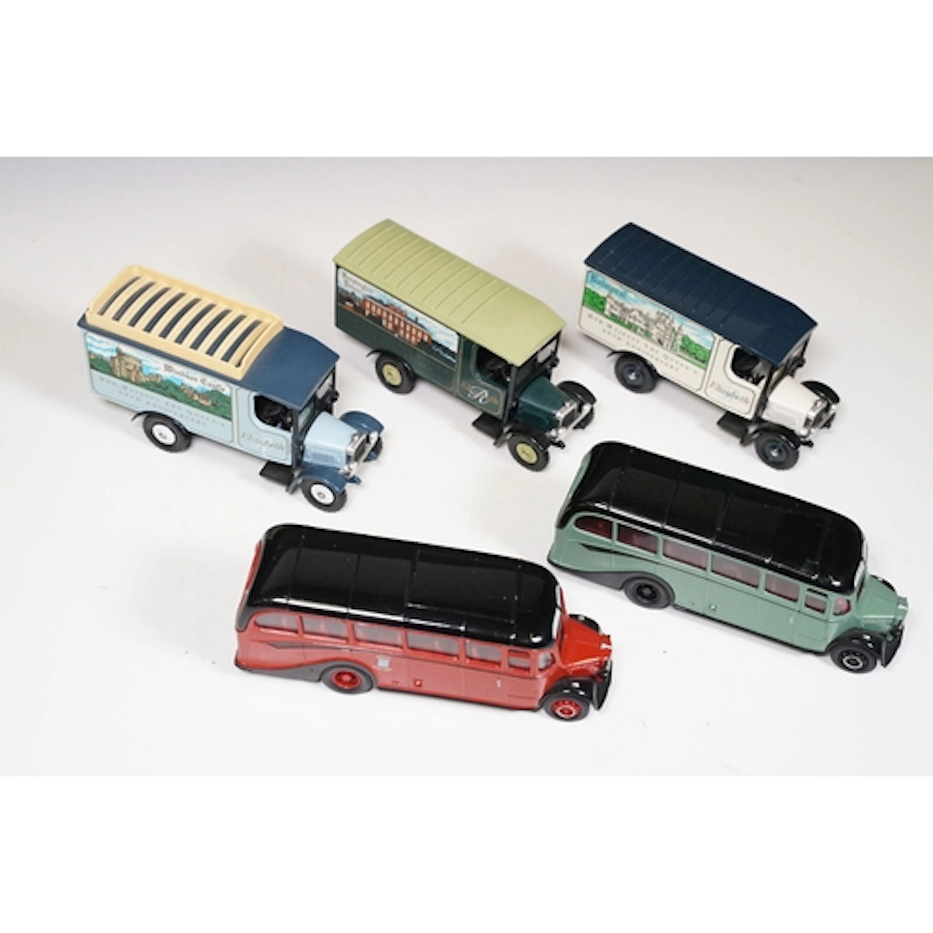 Two Corgi Bedford OB coaches and three Corgi Her Majesty The...