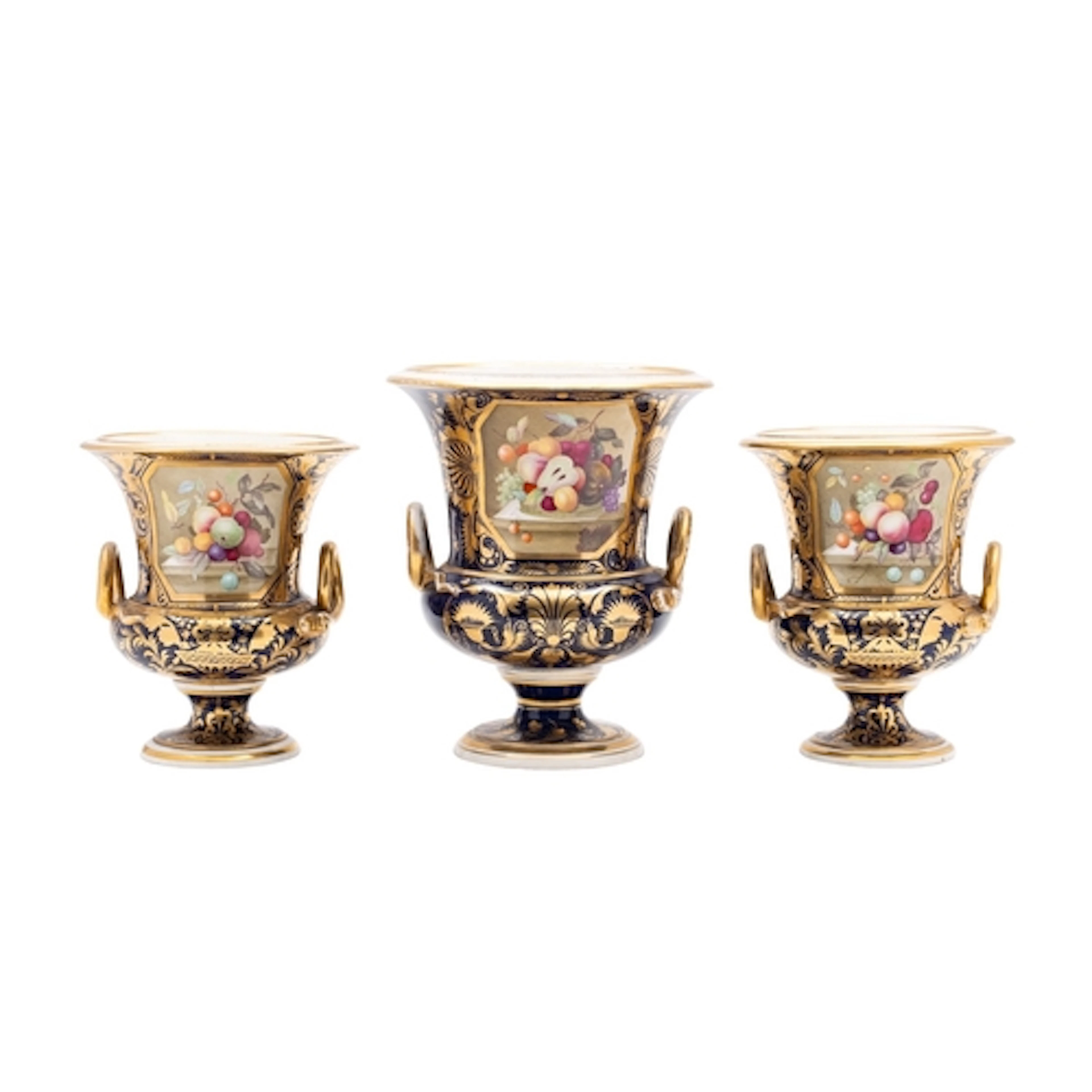 A garniture of three Derby two-handled campana urns, circa 1...