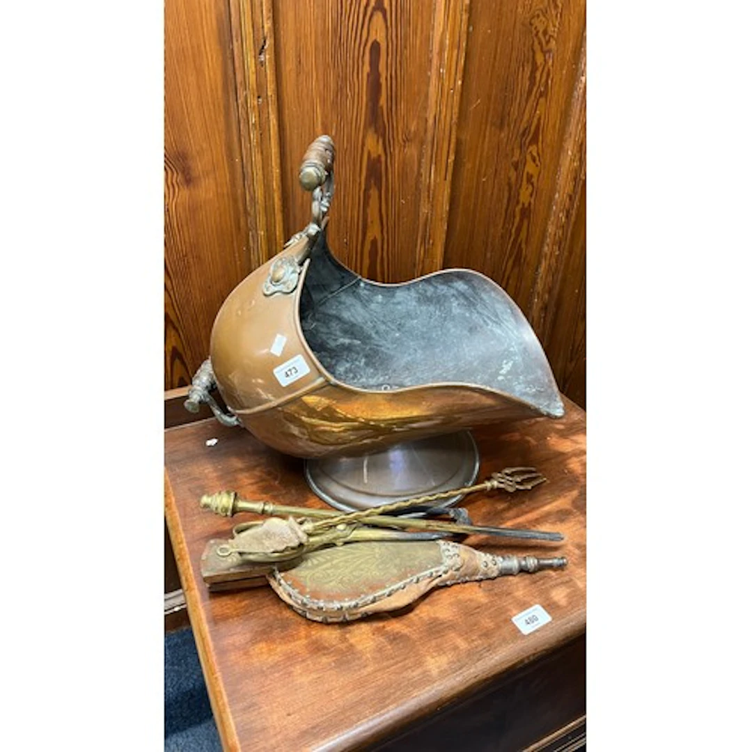Copper coal scuttle, fire bellows, poker, toasting fork etc.