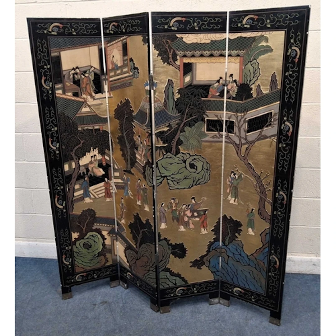 AN EBONISED AND JAPANNED FOUR PANEL FOLDING SCREEN, one side...