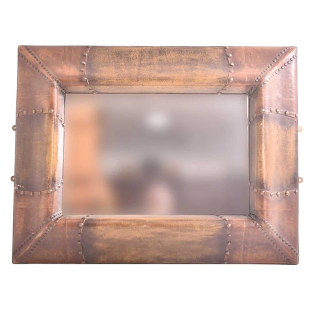 A large modern designer leather-framed mirror. The mirror ha...