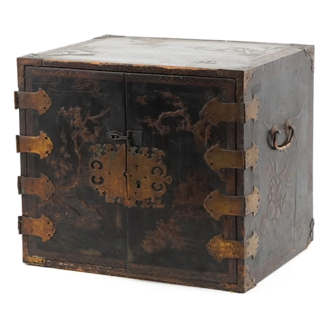 Japanese black lacquered table top chest hand painted in the...