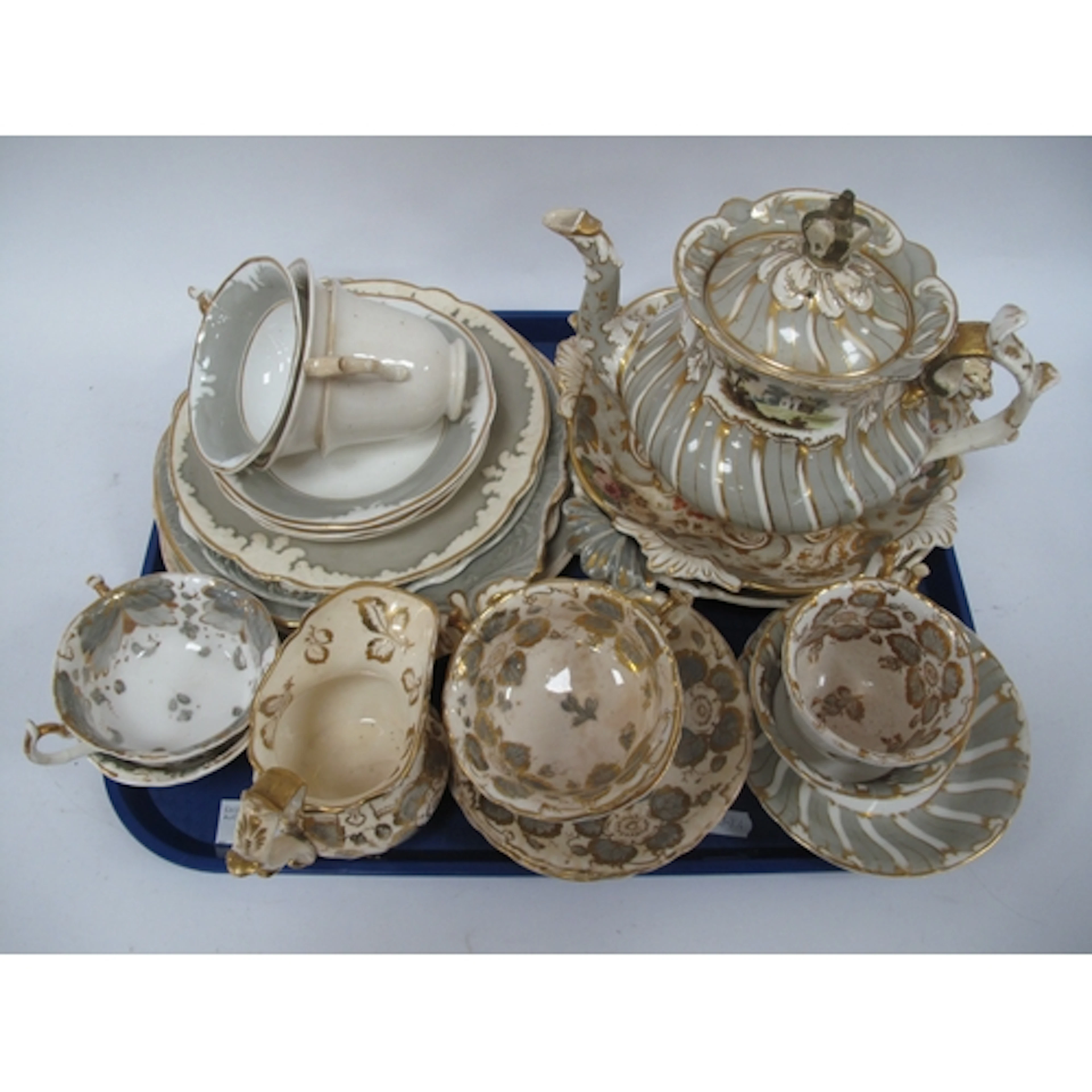 XIX Century Rocingham and Other Pottery in grey and gilt, so...