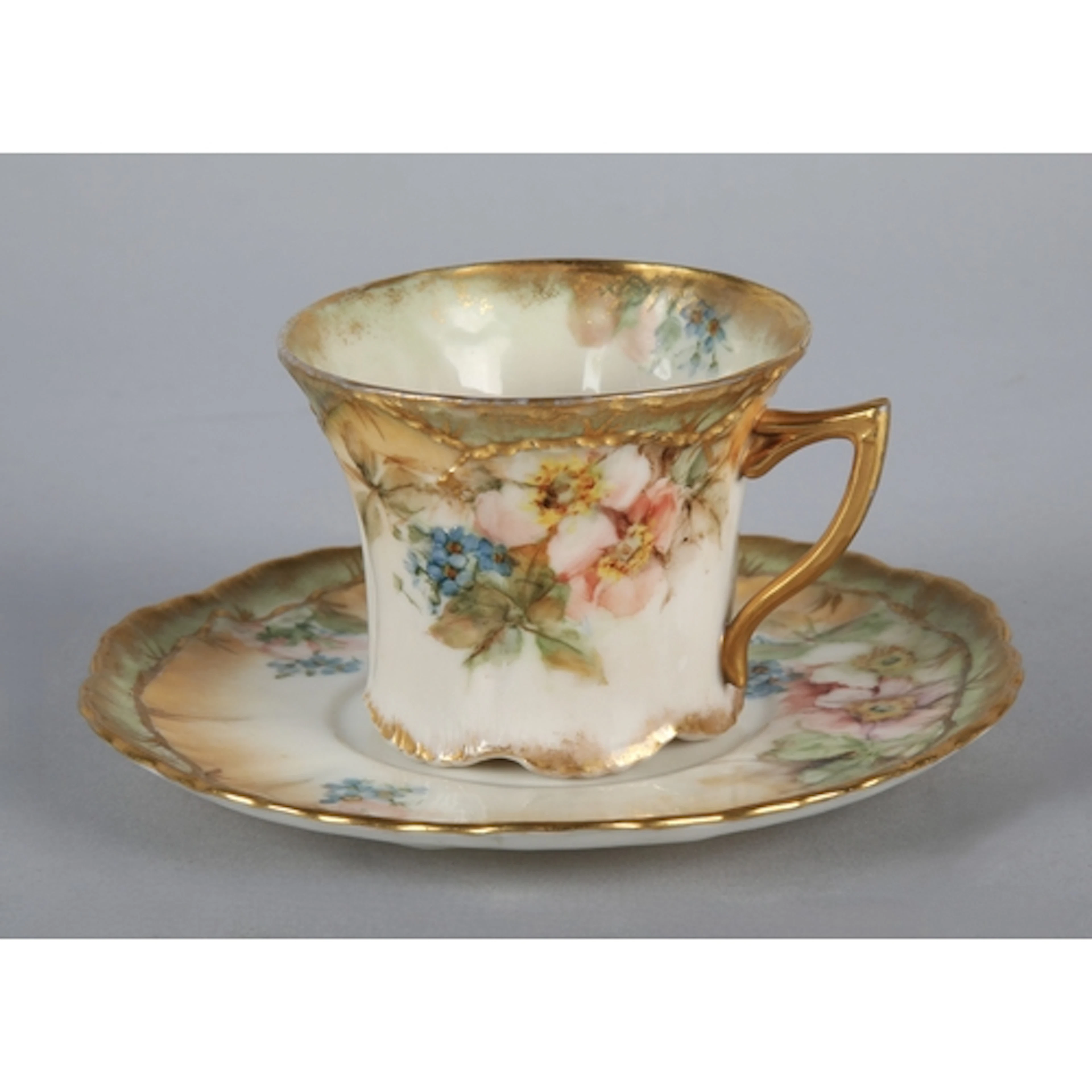 Nautilus floral and gilt decorated cup and saucer.