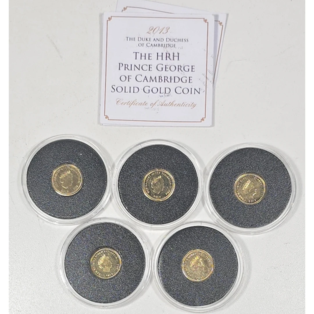 Five small 9ct gold coins commemorating the birth of Prince ...
