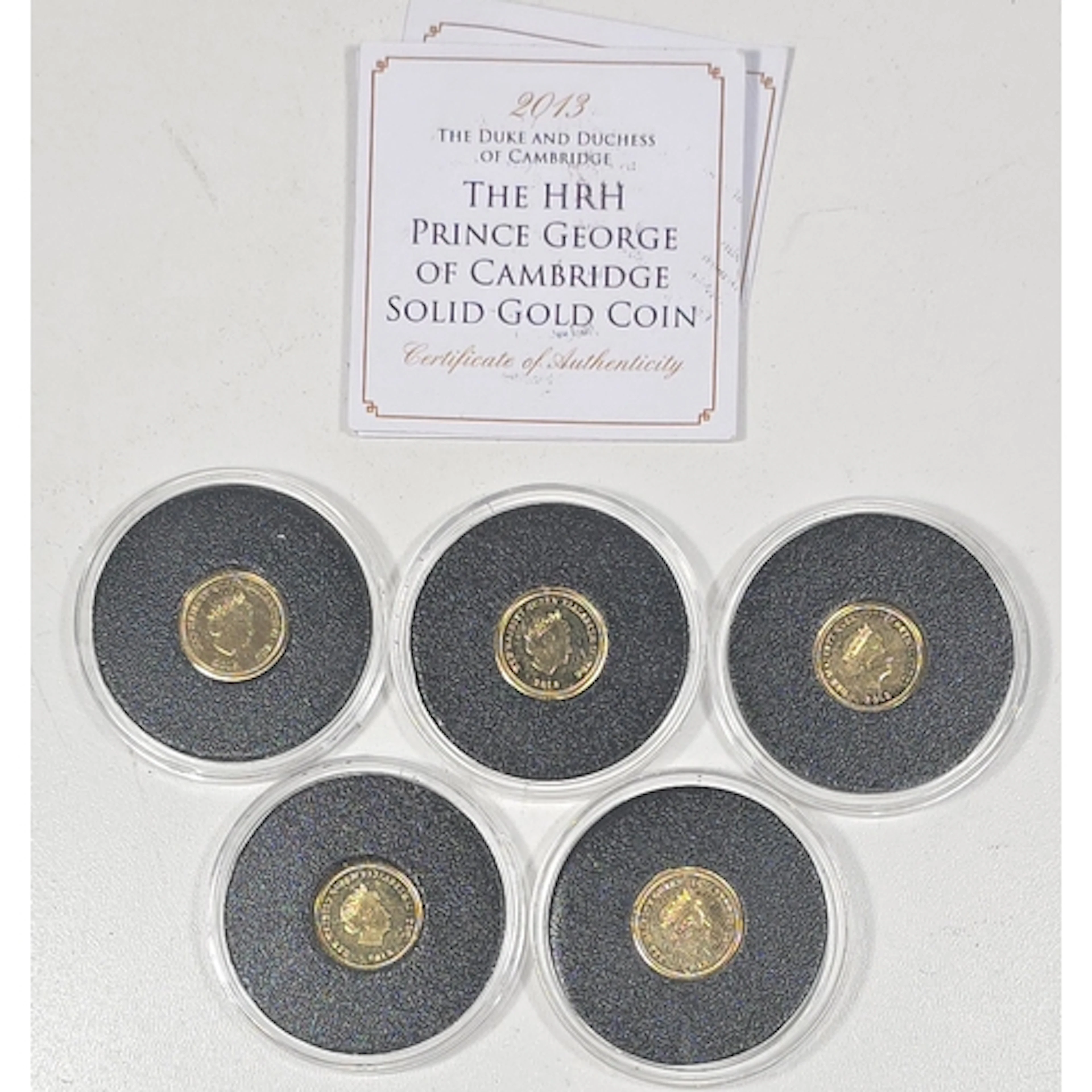 Five small 9ct gold coins commemorating the birth of Prince ...