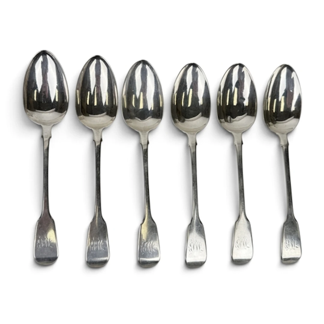 A SET OF SIX WILLIAM IV SILVER FIDDLE PATTERN TABLESPOONS, W...