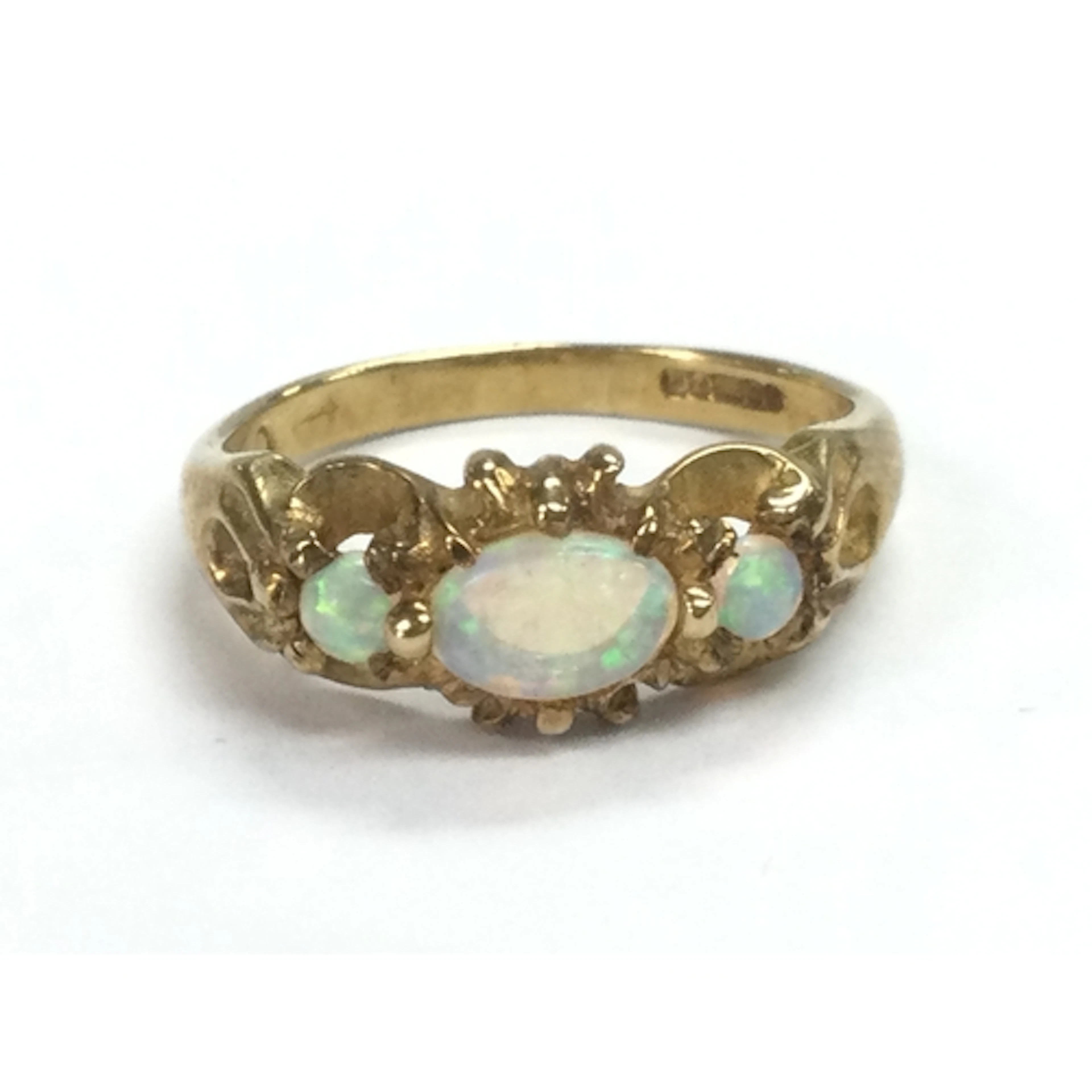 A 9ct Edwardian style gold ring opal three stone , size I, 2...