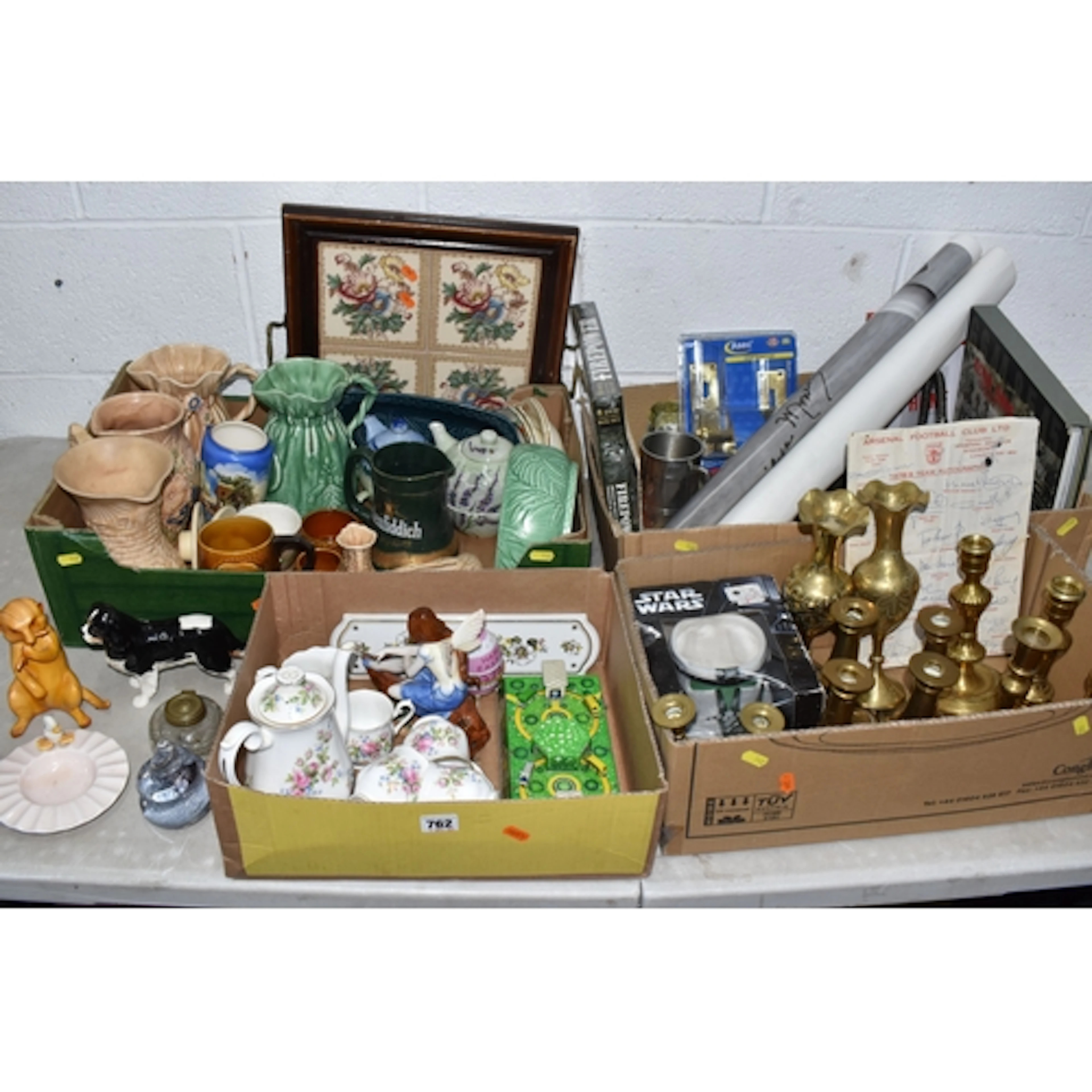 FOUR BOXES AND LOOSE CERAMICS, METALWARE AND SUNDRY ITEMS, t...
