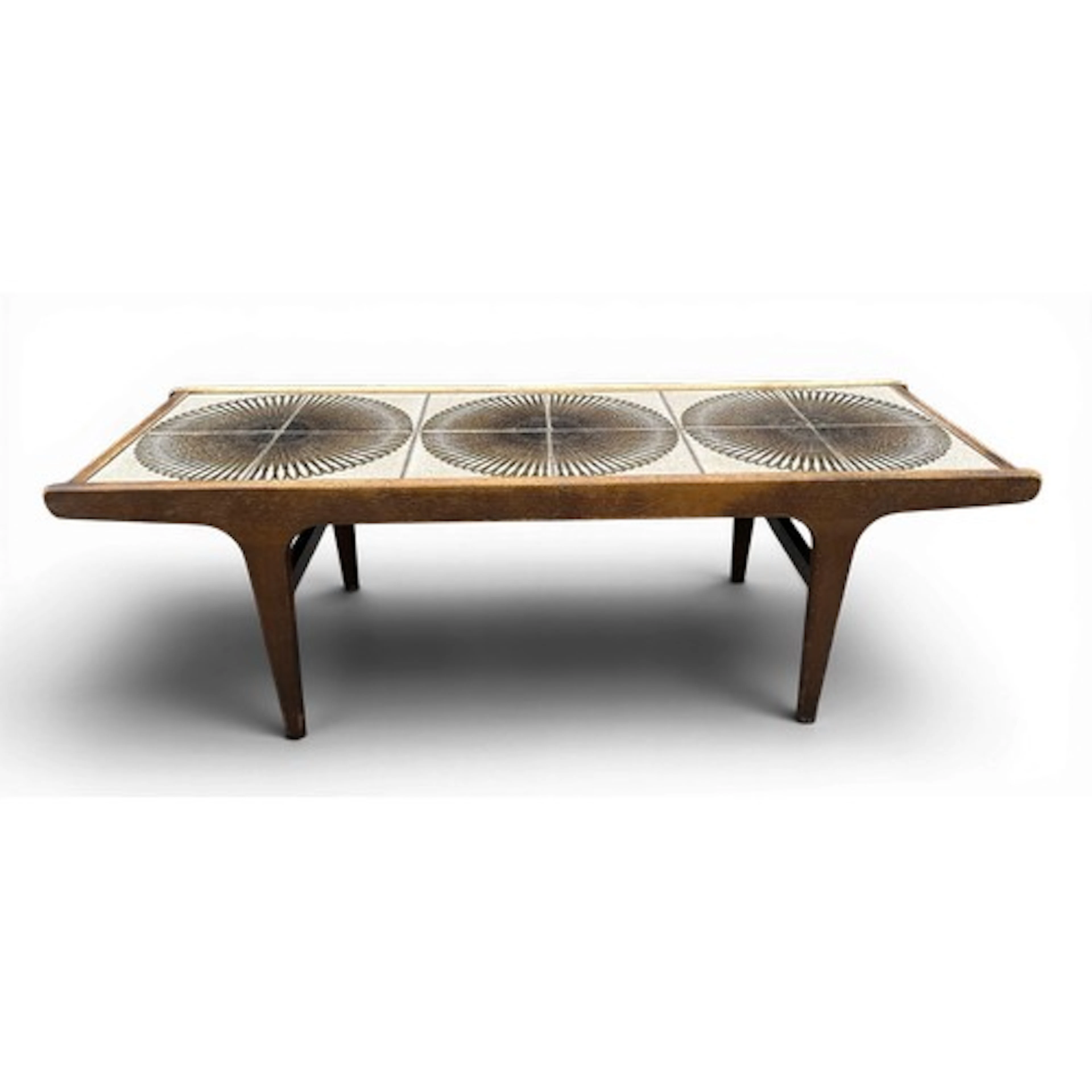 A mid 20thC coffee table, top inset with brown and cream til...