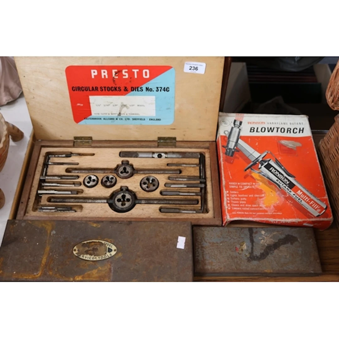 Tools to include a Preto Stocks and Dies set, a Ronson blowt...
