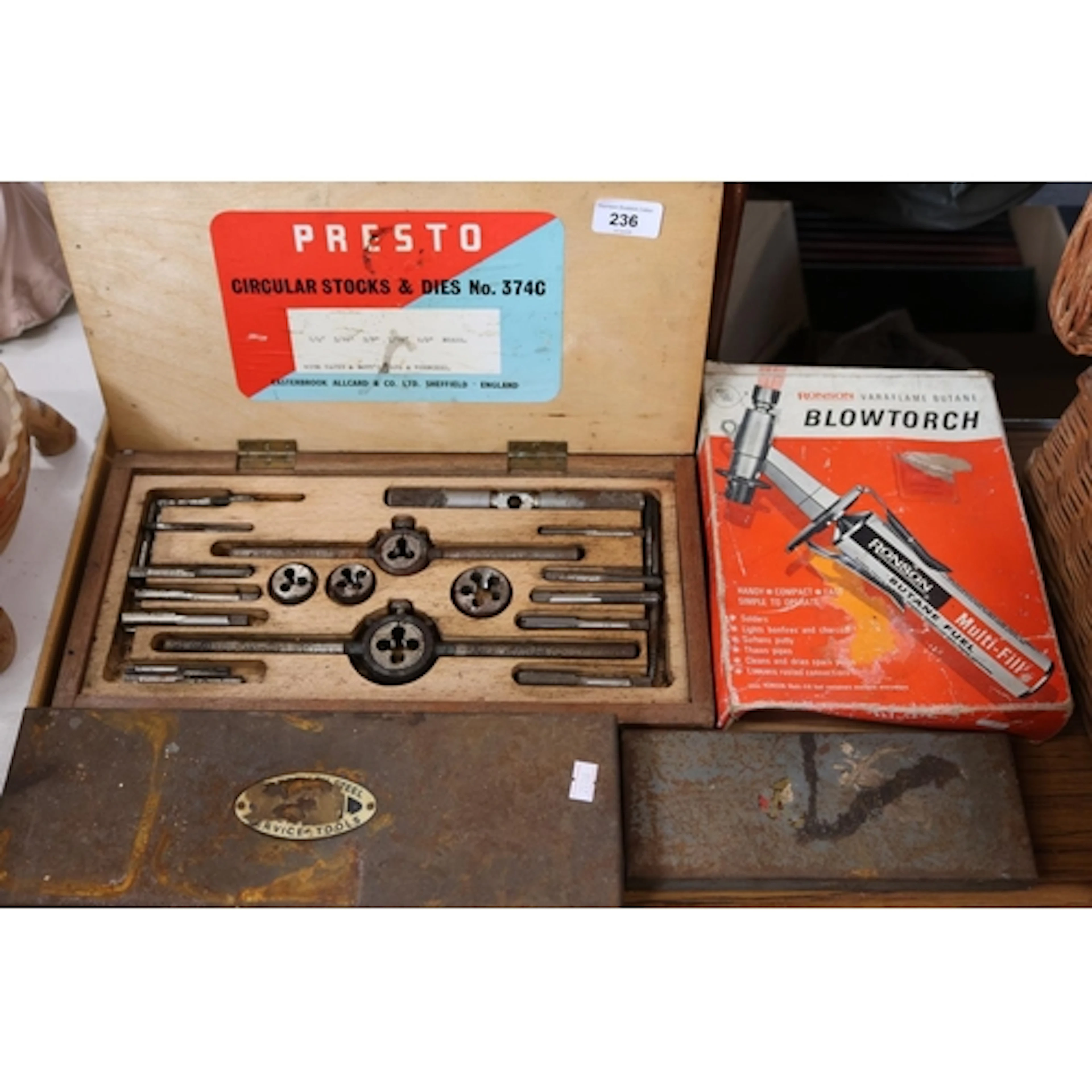 Tools to include a Preto Stocks and Dies set, a Ronson blowt...