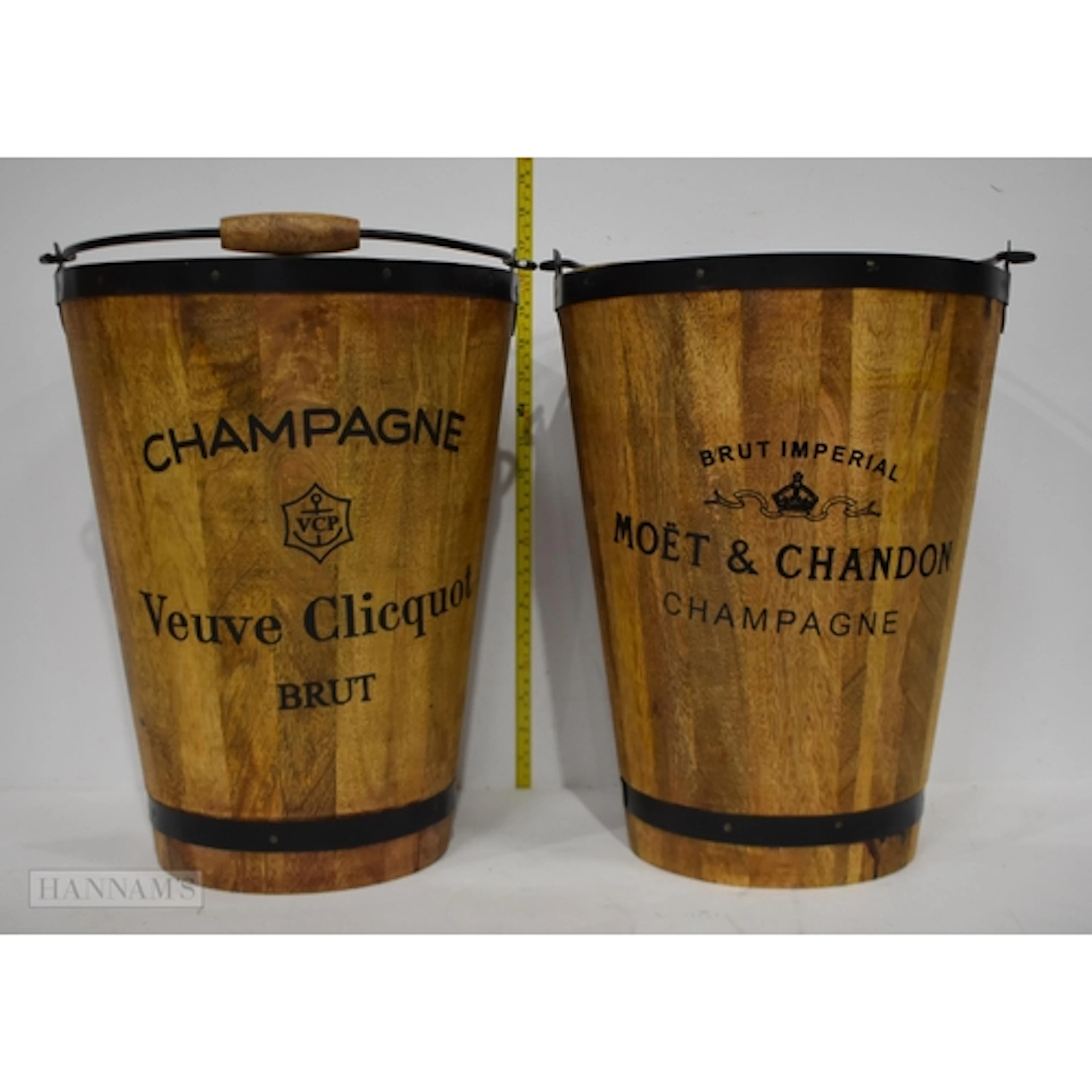 A pair of metal banded Champagne wooden buckets 40cm (2)