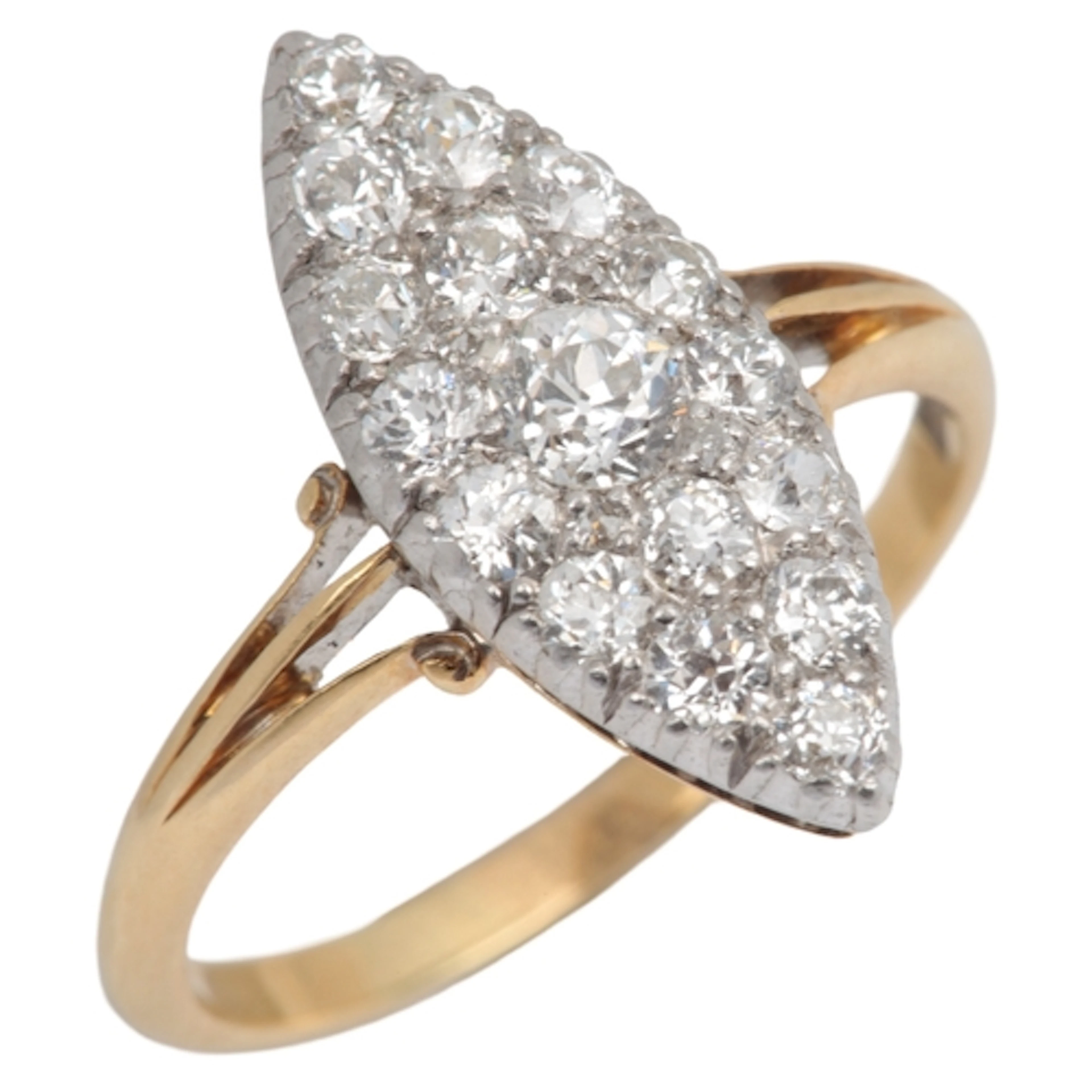 A diamond navette ring, early 20th century, set with circula...