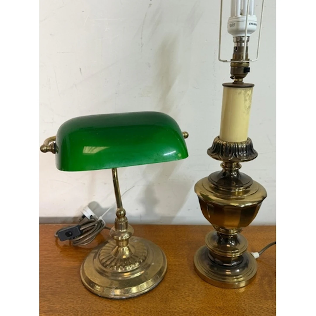 Two table lamps, one green banks lamp and one in the style o...