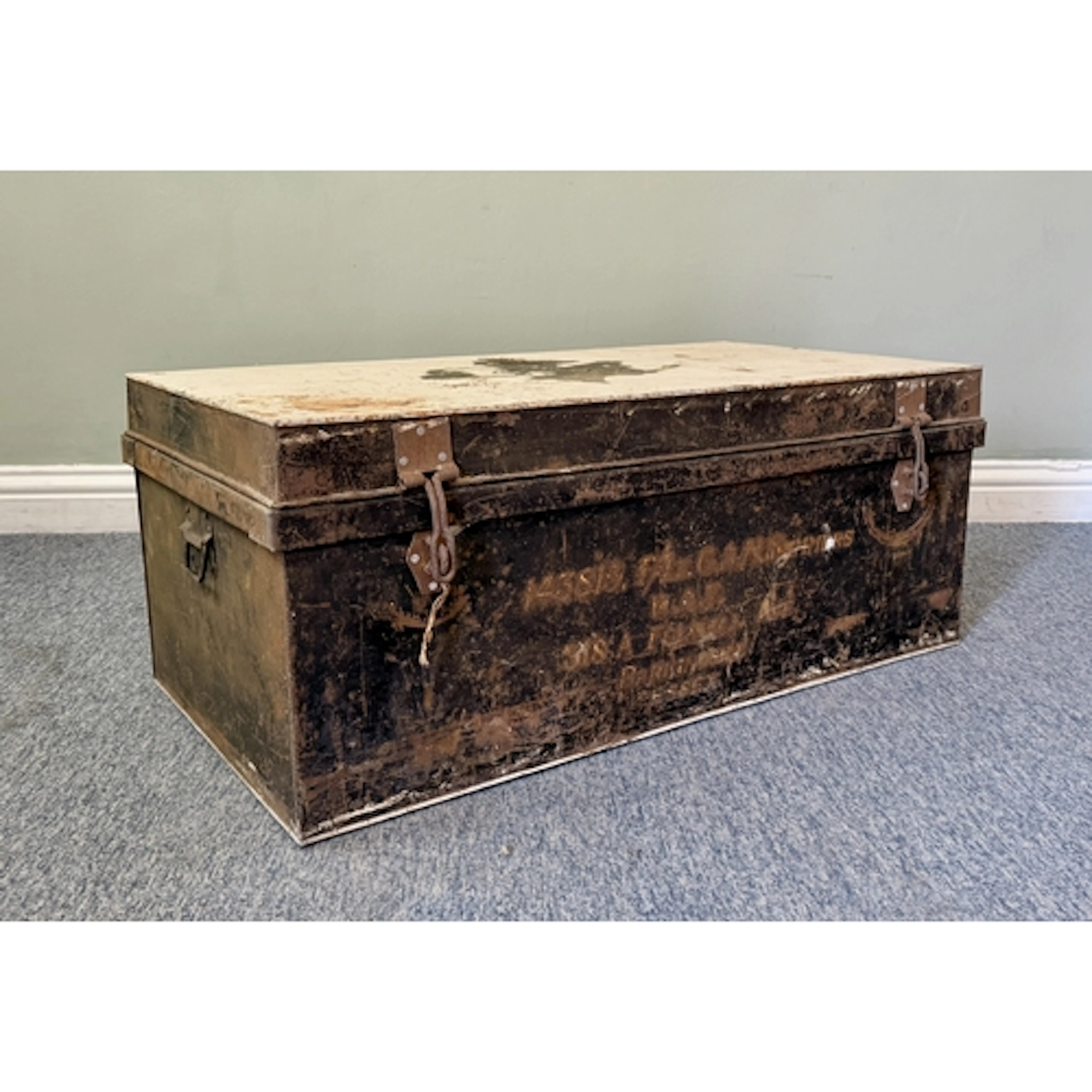 A vintage RAF steel uniform trunk - with waxed paper lining,...