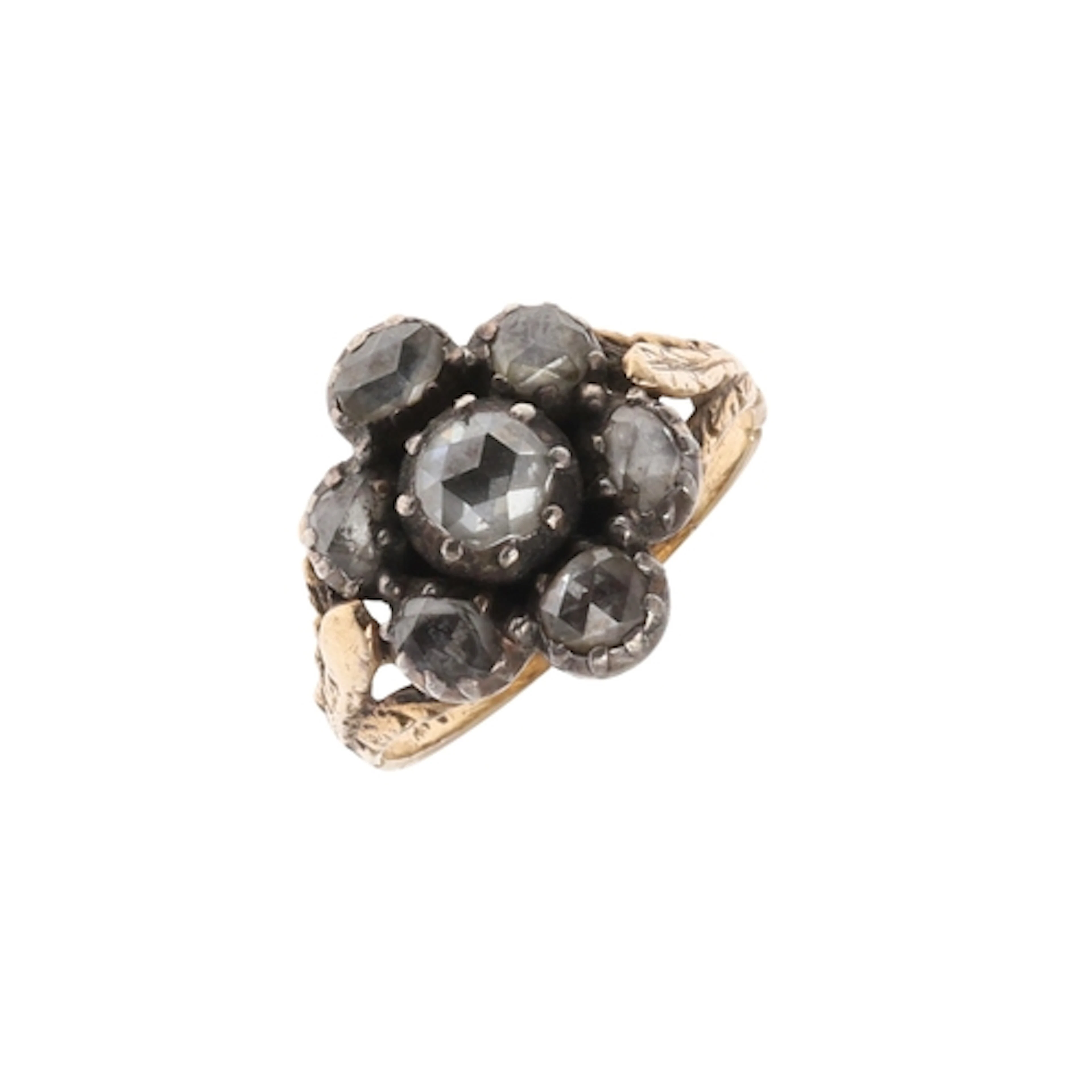 A VICTORIAN DIAMOND CLUSTER RING. the central rose-cut diamo...