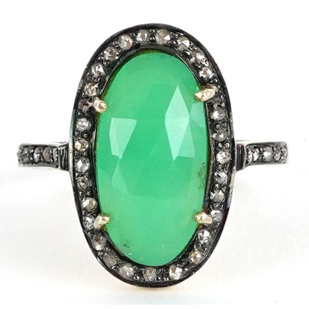 Unmarked gold and silver chrysoprase and diamond ring, the c...
