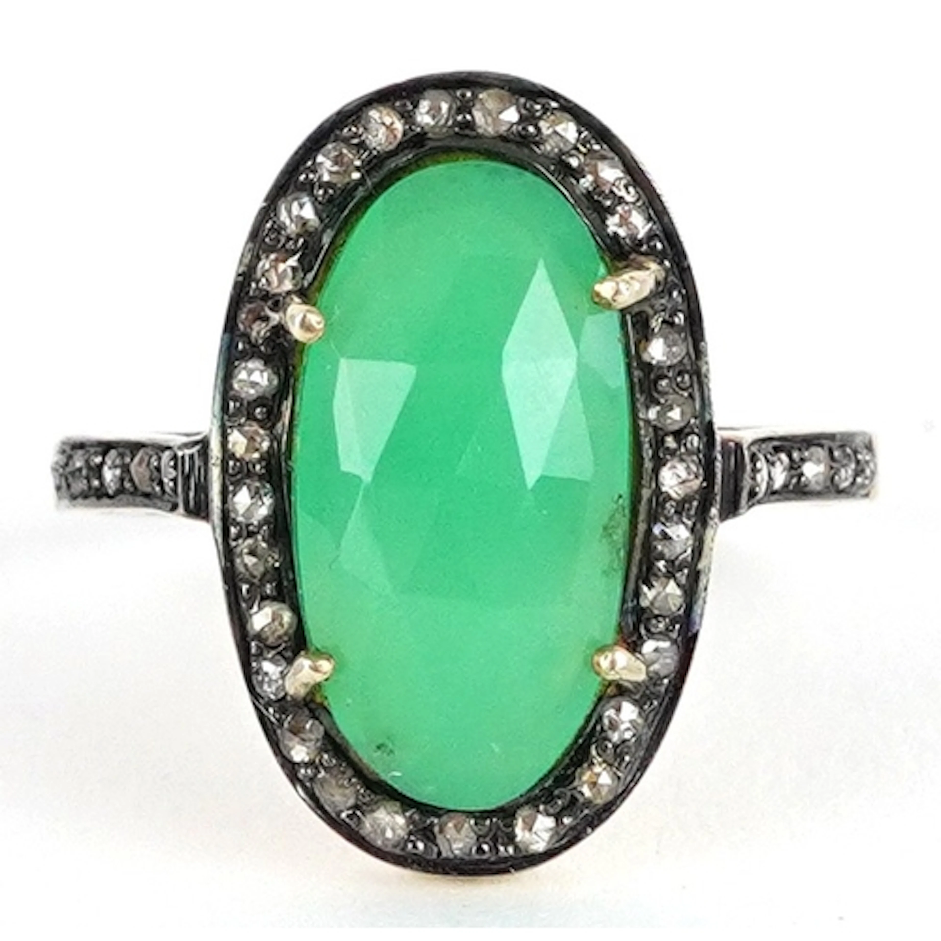 Unmarked gold and silver chrysoprase and diamond ring, the c...