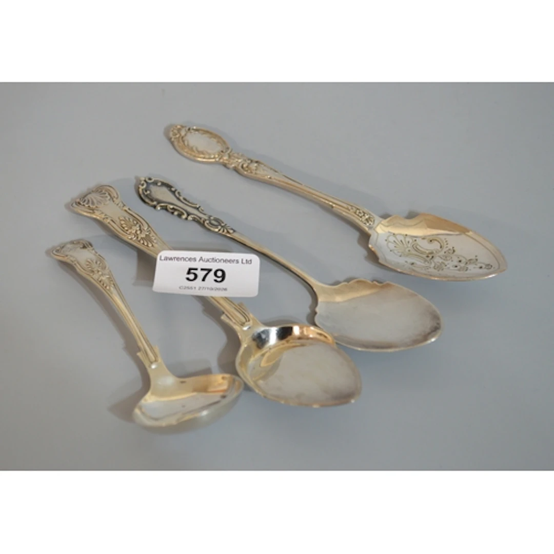 Three silver preserve spoons, together with a small Kings pa...