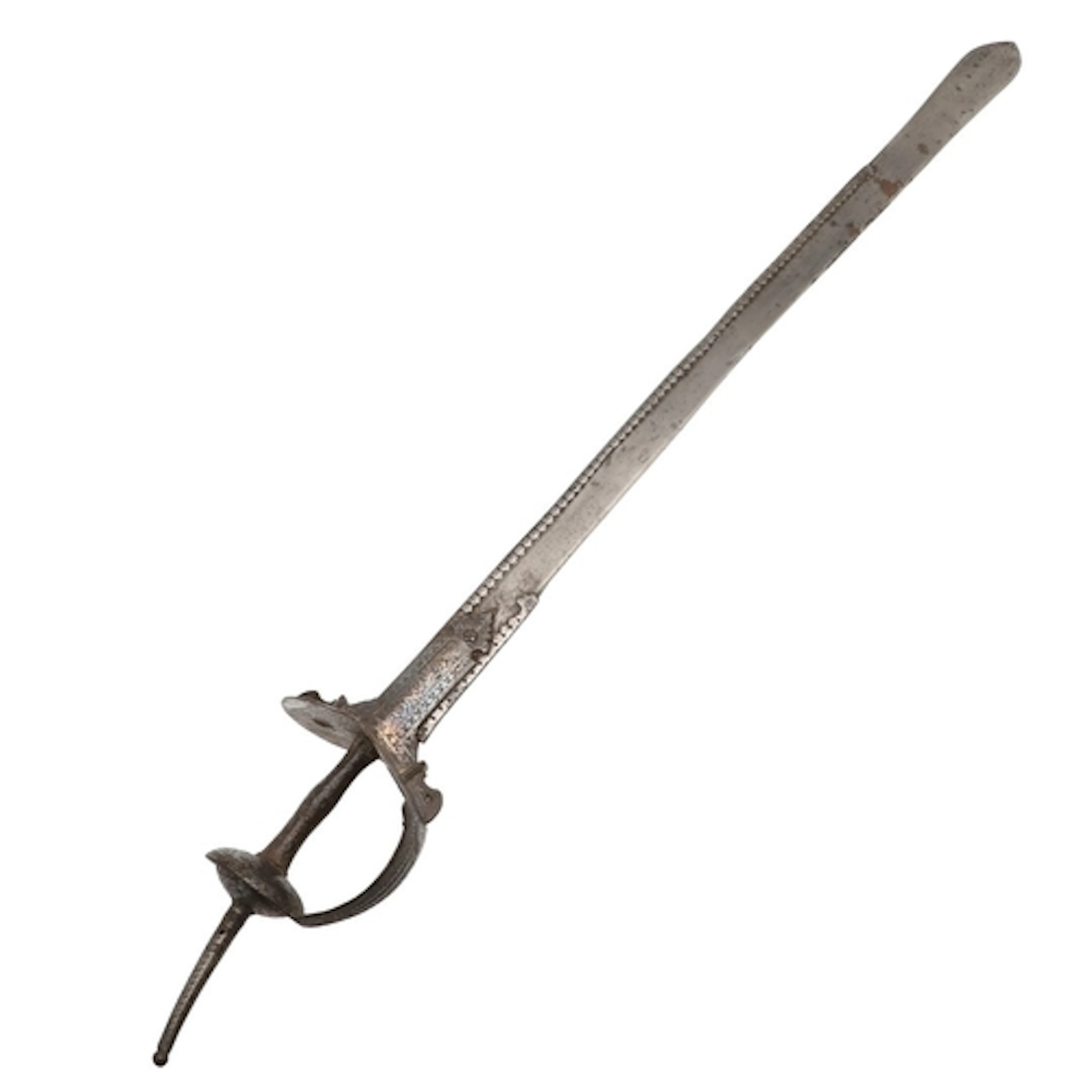 A FINE EARLY INDIAN KHANDA SWORD ON A DECORATIVE HINDU BASKE...