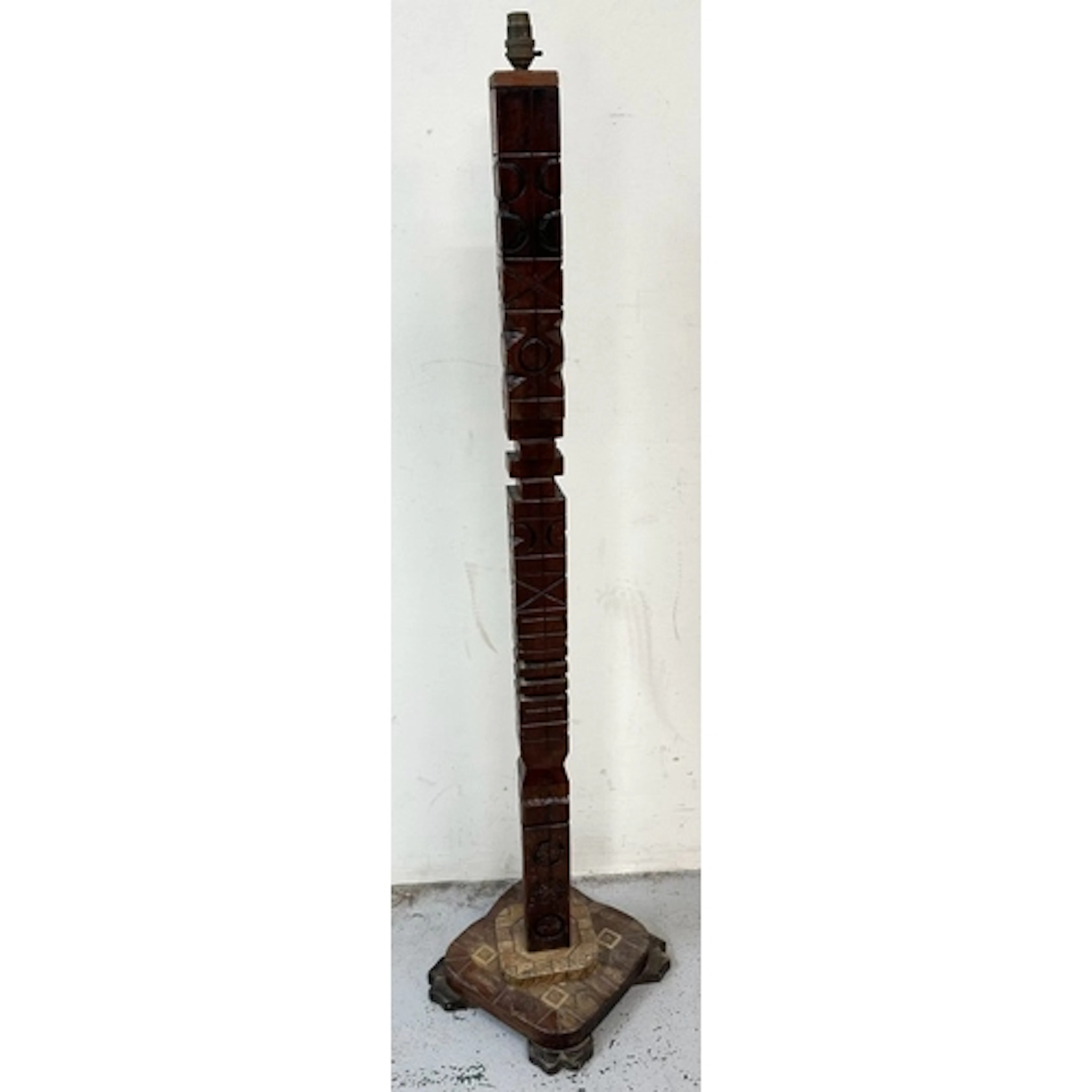 A unique 1970s Brutalist carved wood 'Totem Pole' standard l...