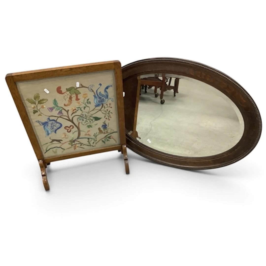 1920s Oval Bevelled Wall Mirror, in beadwork oak frame, 91cm...