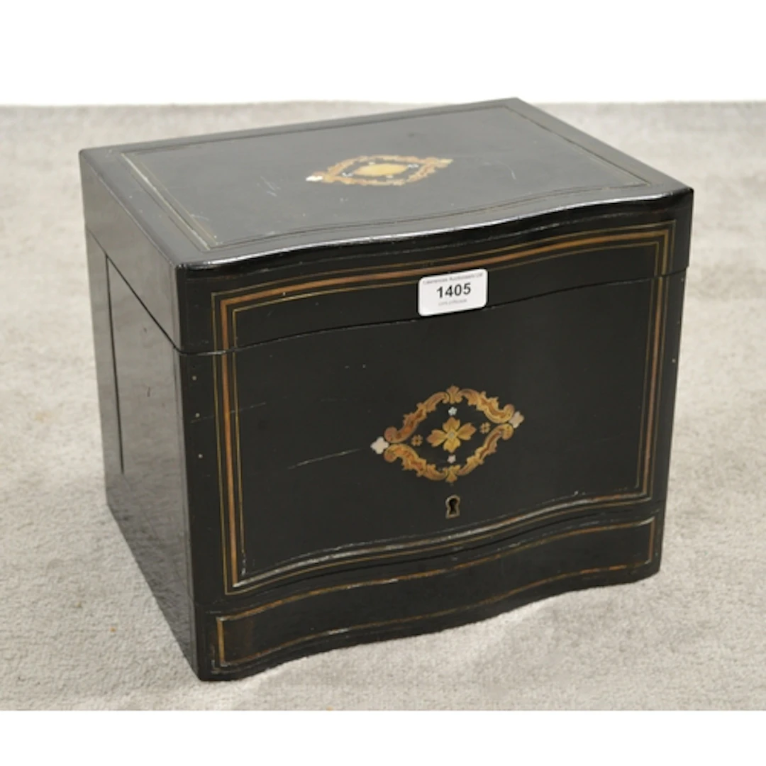 19th Century ebonised brass and mother of pearl inlaid decan...