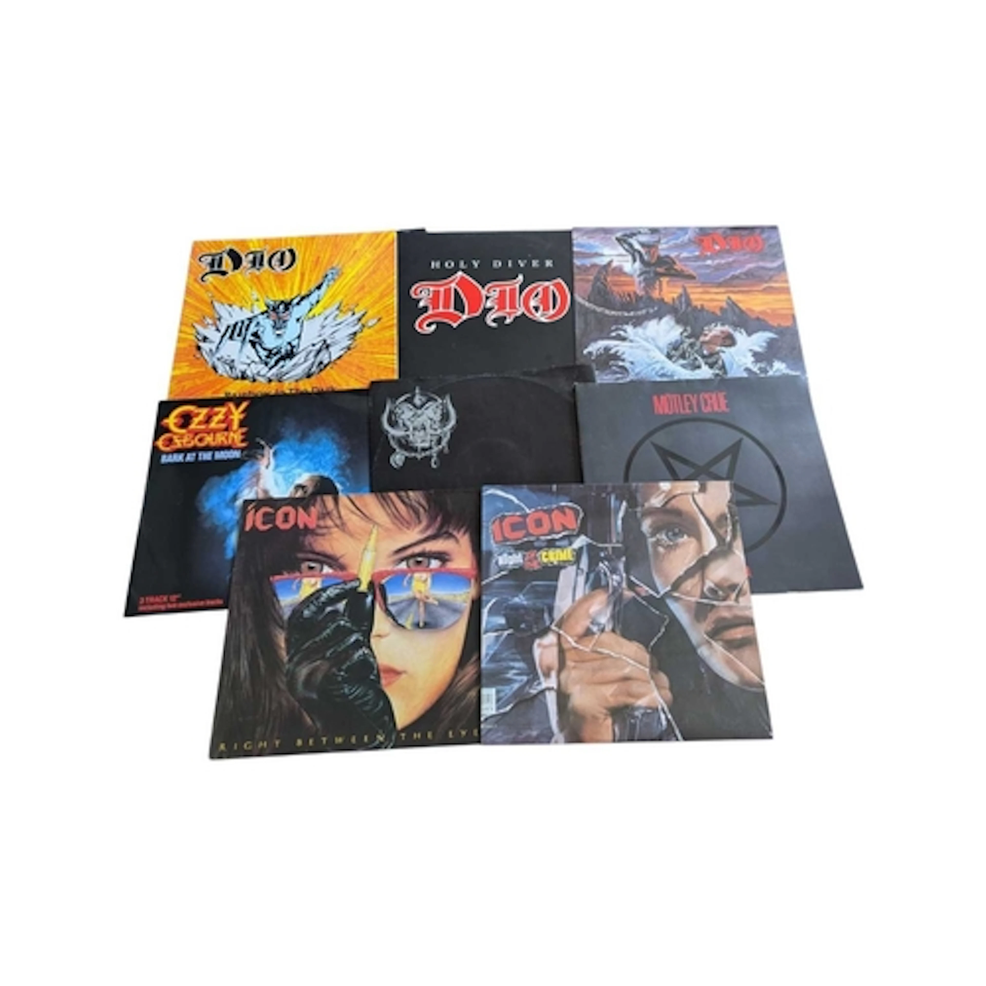 Collection of eight 1980s heavy metal LP vinyl records. To i...