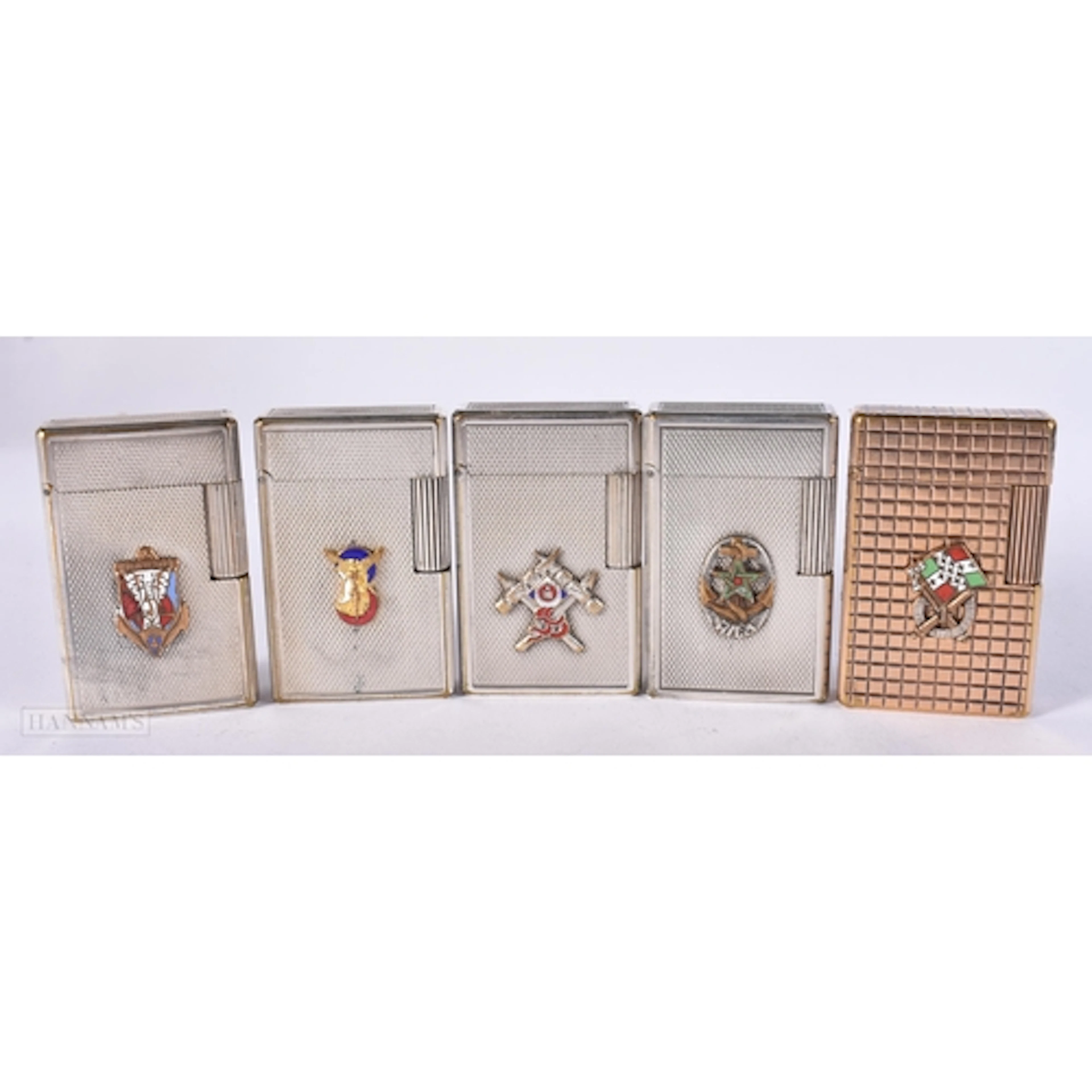FIVE FRENCH DUPONT ENAMELLED DRAGO LIGHTERS. (5)