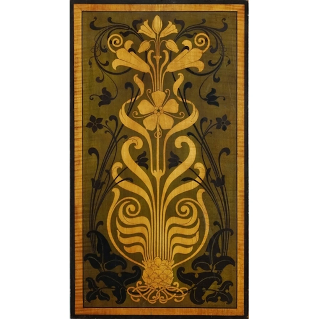 Art Nouveau marquetry panel inlaid with stylized flowers, 65...