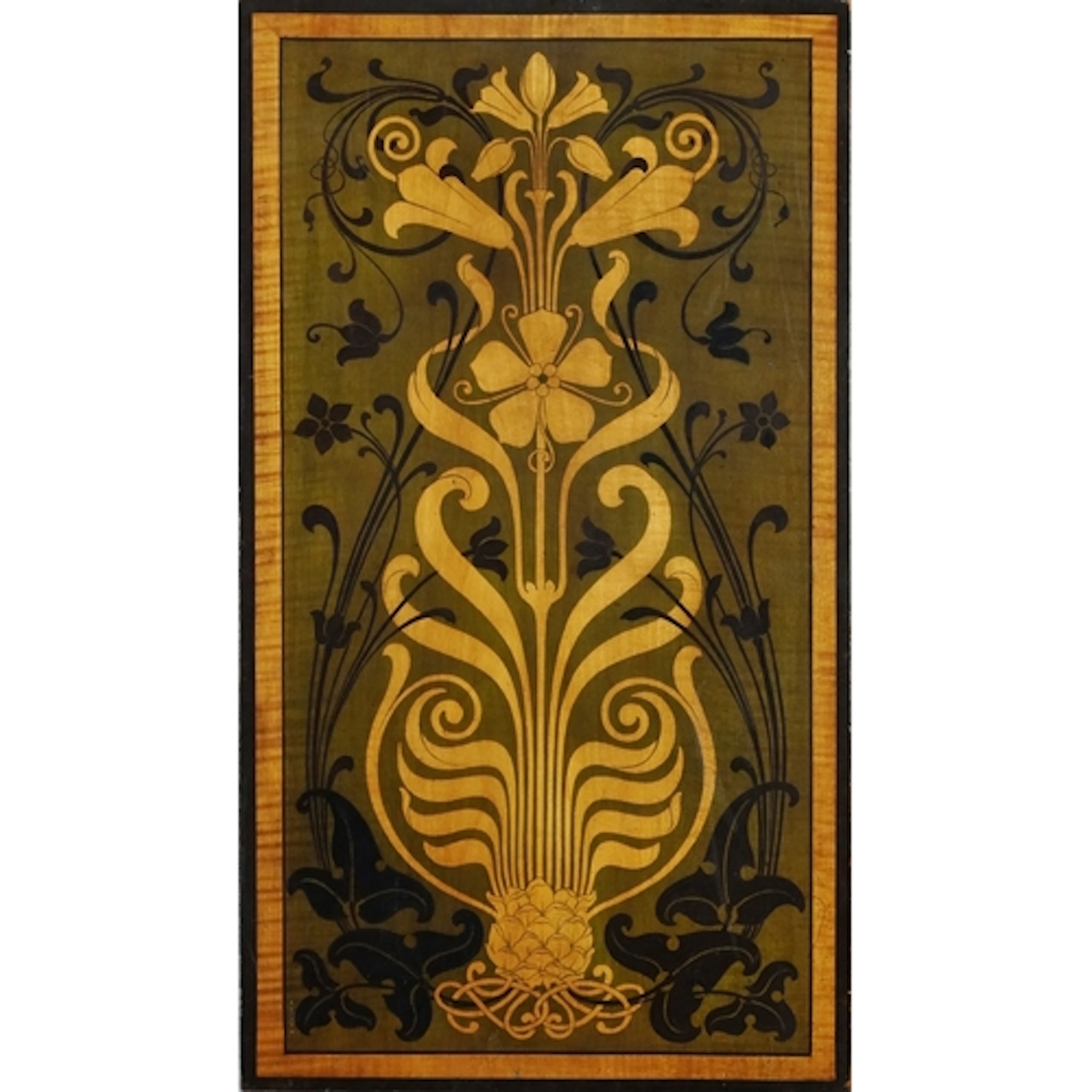 Art Nouveau marquetry panel inlaid with stylized flowers, 65...