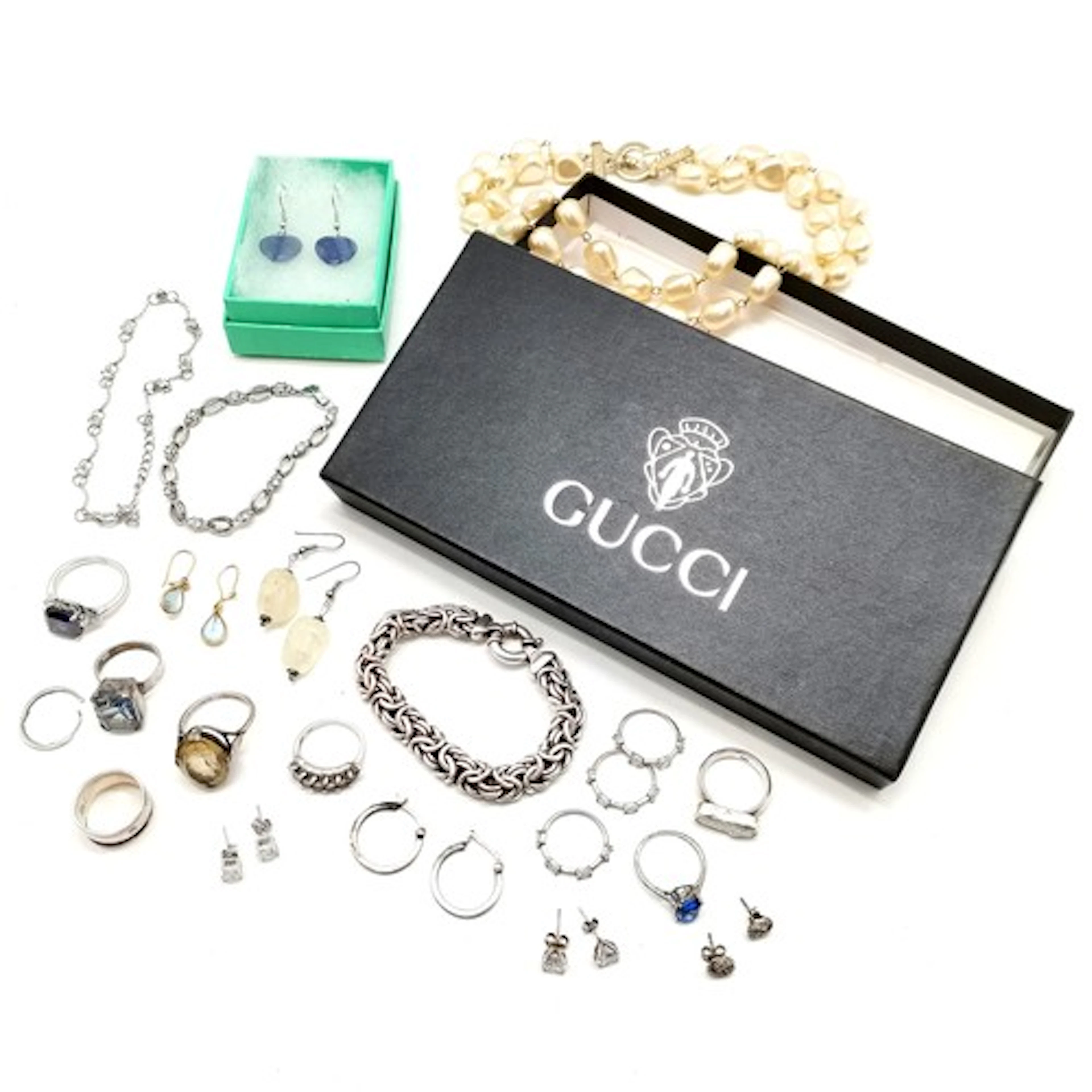 Qty of silver jewellery inc fancy link bracelet (18cm), stud...