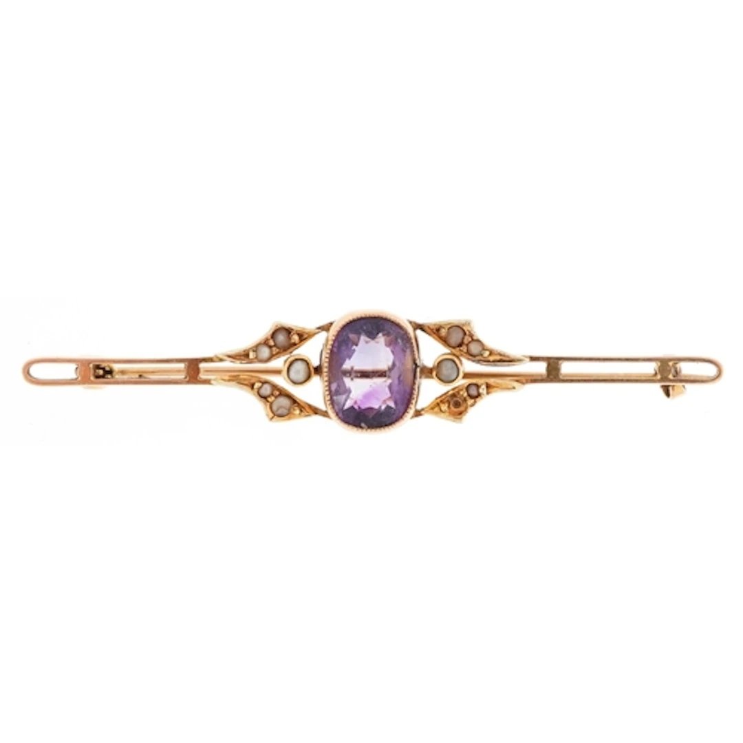 Edwardian 15ct gold amethyst and seed pearl openwork bar bro...
