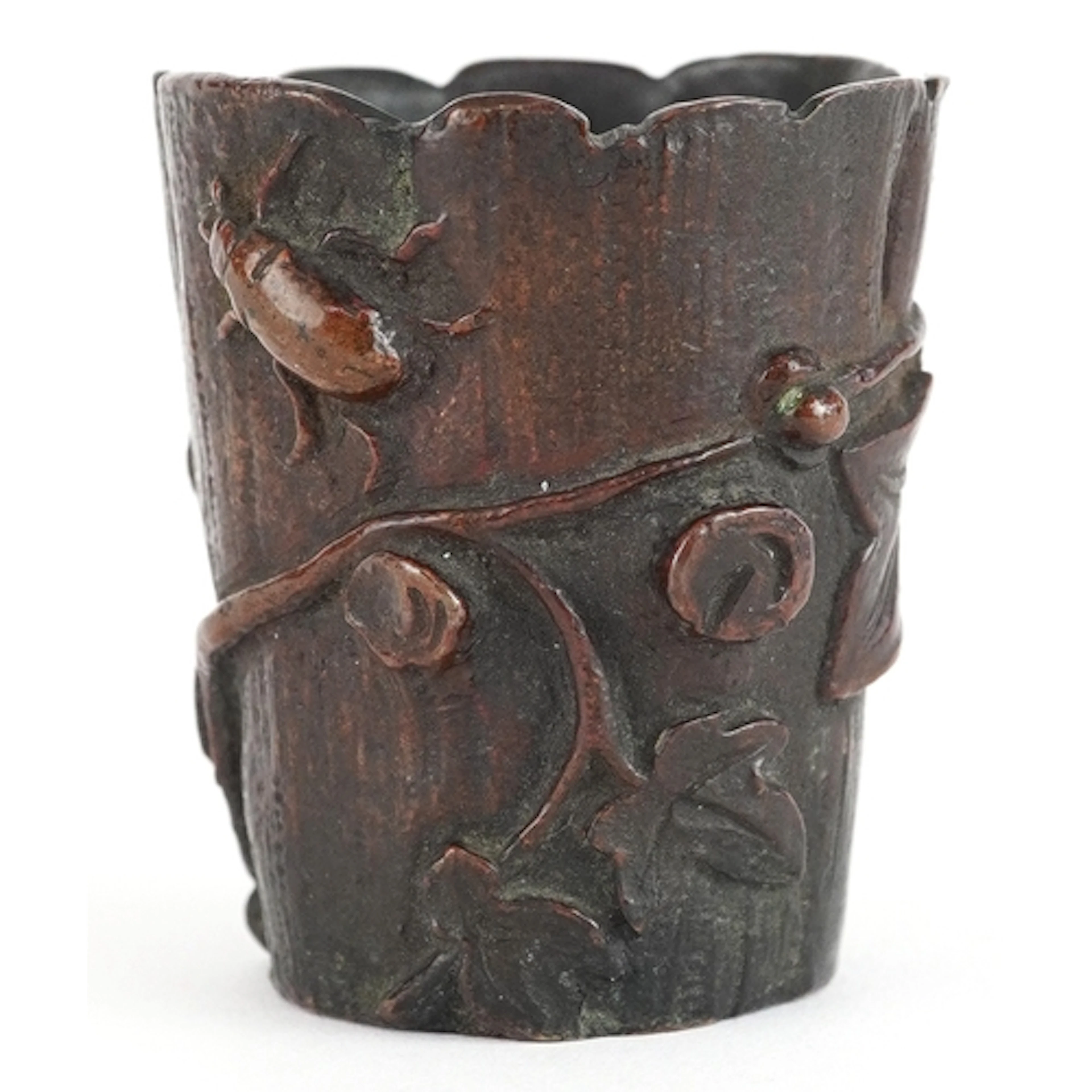 Chinese cast bronze brush pot decorated in high relief with ...