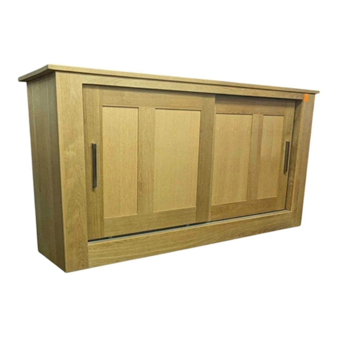 A contemporary modern oak sideboard credenza. Raised on a pl...