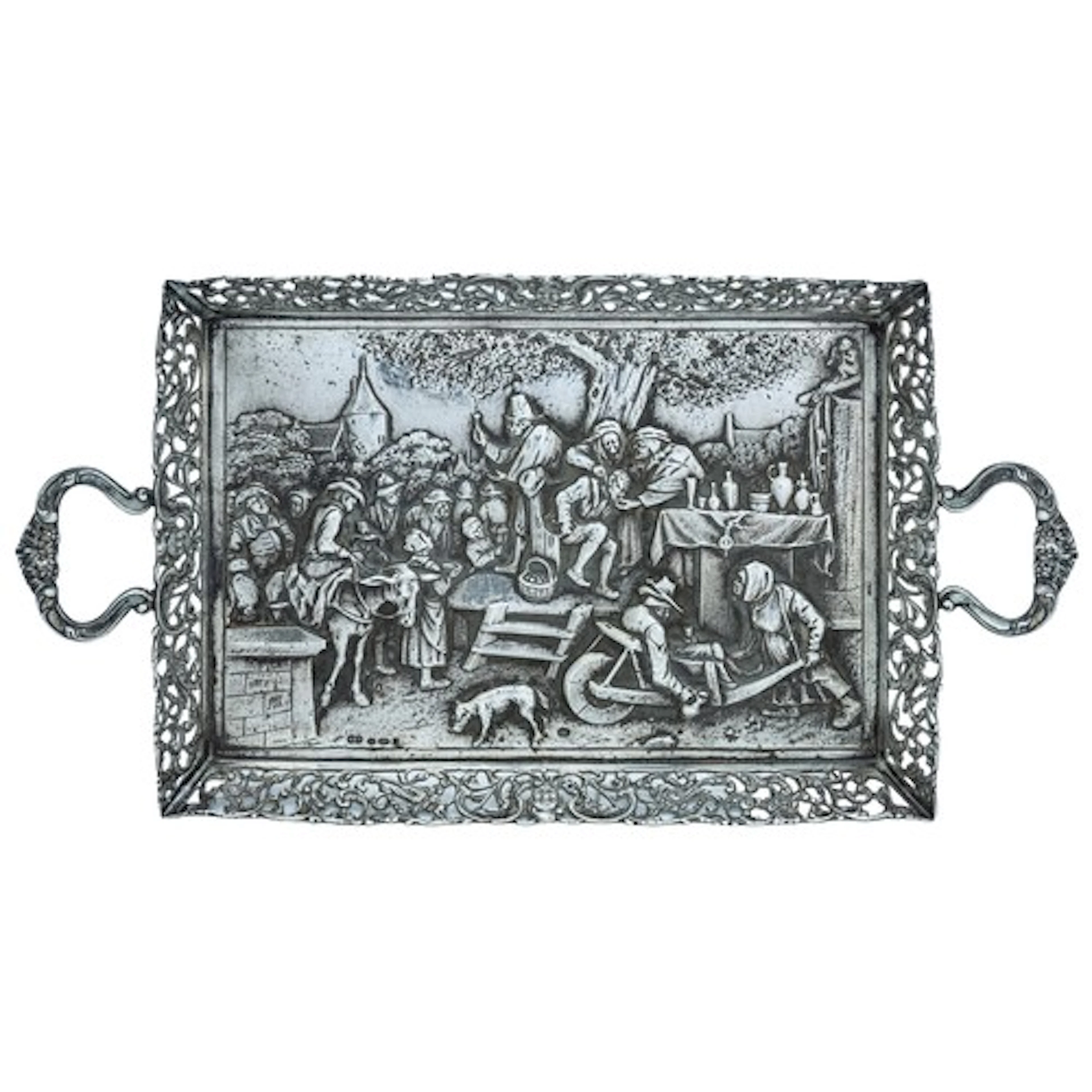 A SILVER RELIEF DECORATED TRAY, after 'The Quack' painting ...