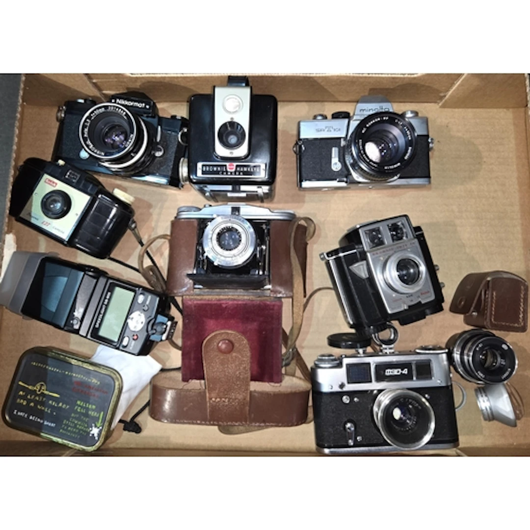 A FED 4 Soviet 35mm camera, similar lens, vintage Nikkormat,...