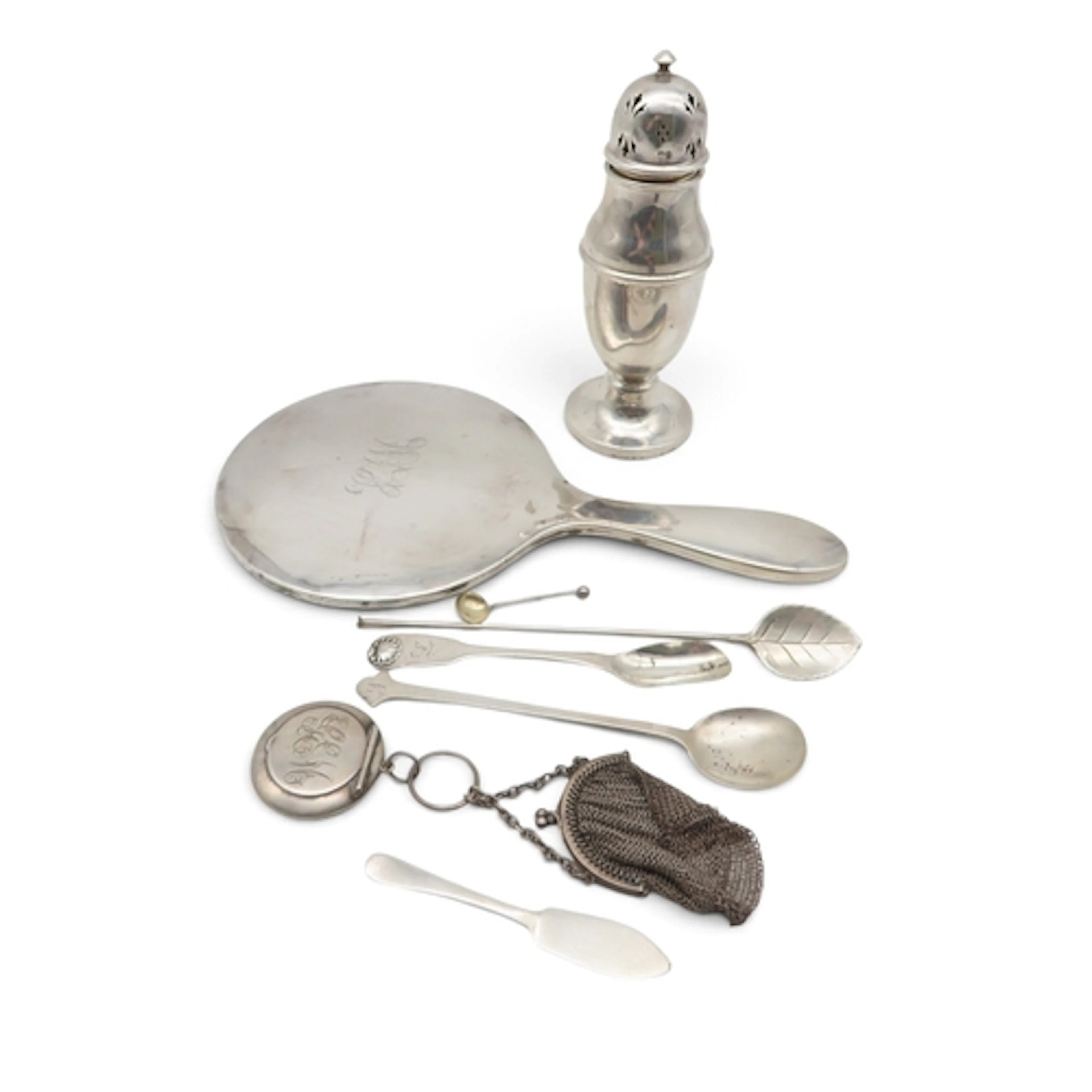 A collection of silver including a mirror (marks rubbed), a ...