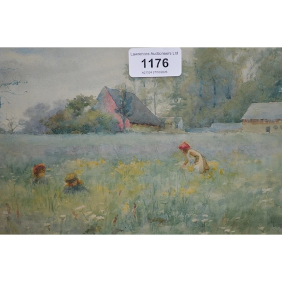 Eliza Mary Burgess, watercolour, children in a wildflower me...