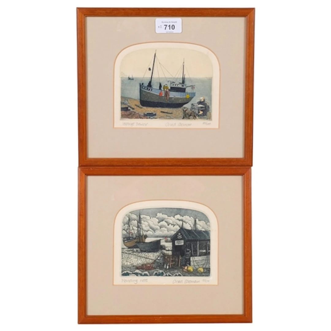 Chad Coleman, pair of hand-coloured etchings, Hastings trawl...