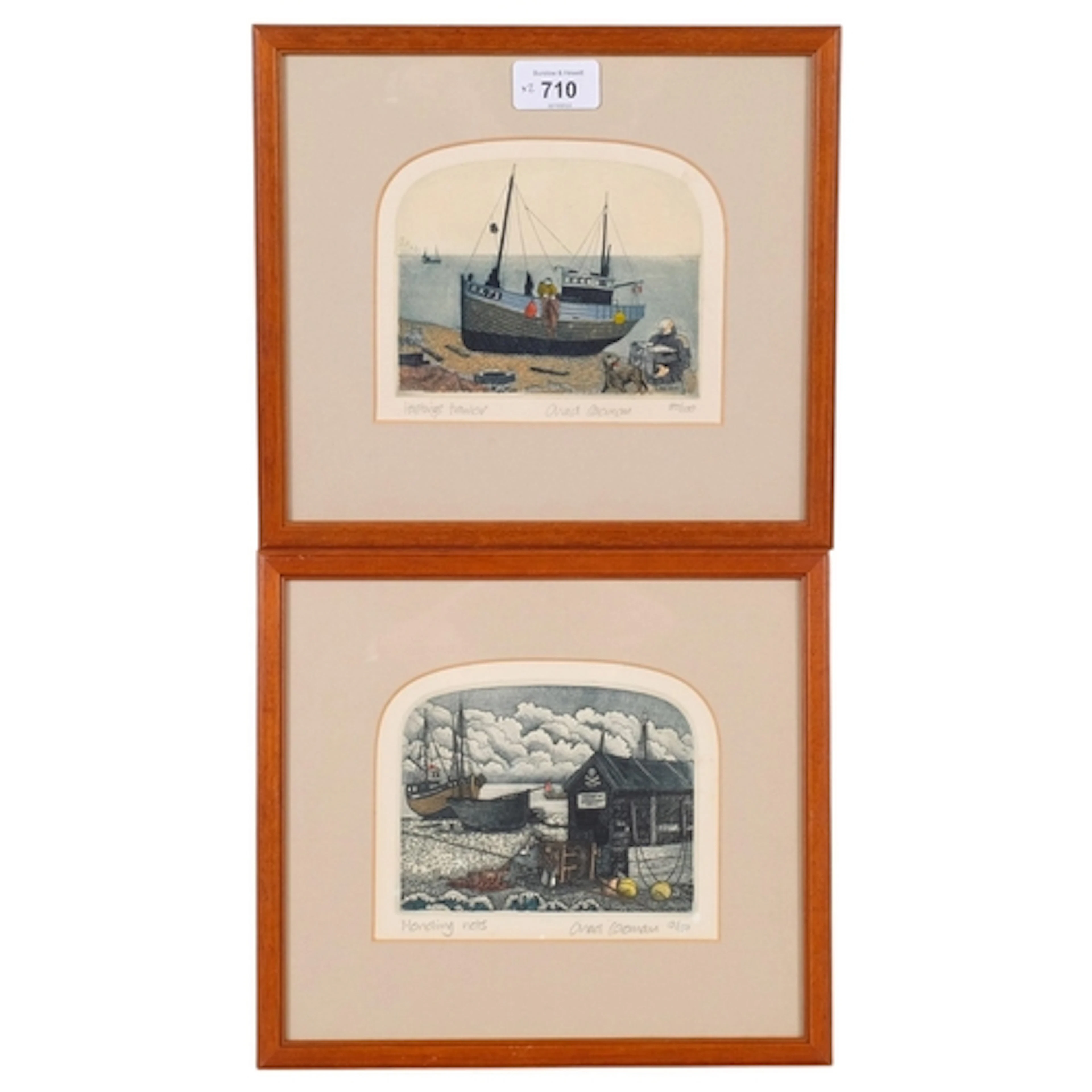 Chad Coleman, pair of hand-coloured etchings, Hastings trawl...